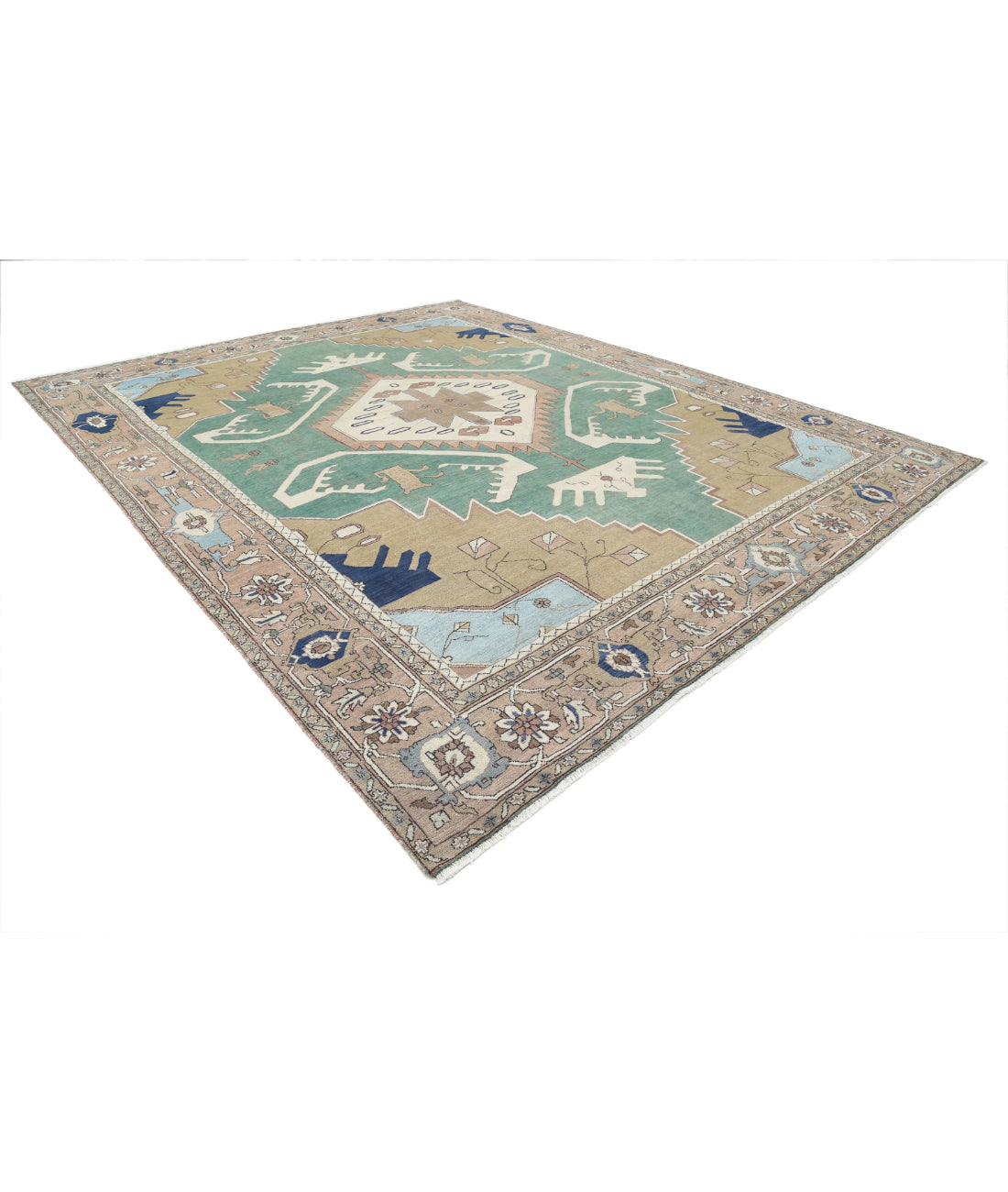 Hand Knotted Vintage Persian Meshkabad Wool Rug - 11'10'' x 14'6'' 11'10'' x 14'6'' (355 X 435) / Green / Tan