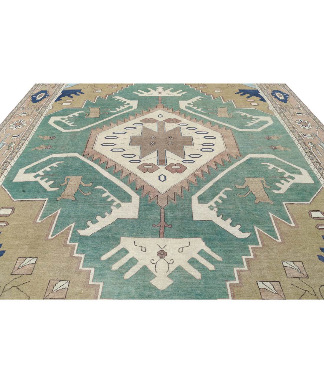 Hand Knotted Vintage Persian Meshkabad Wool Rug - 11'10'' x 14'6'' 11'10'' x 14'6'' (355 X 435) / Green / Tan