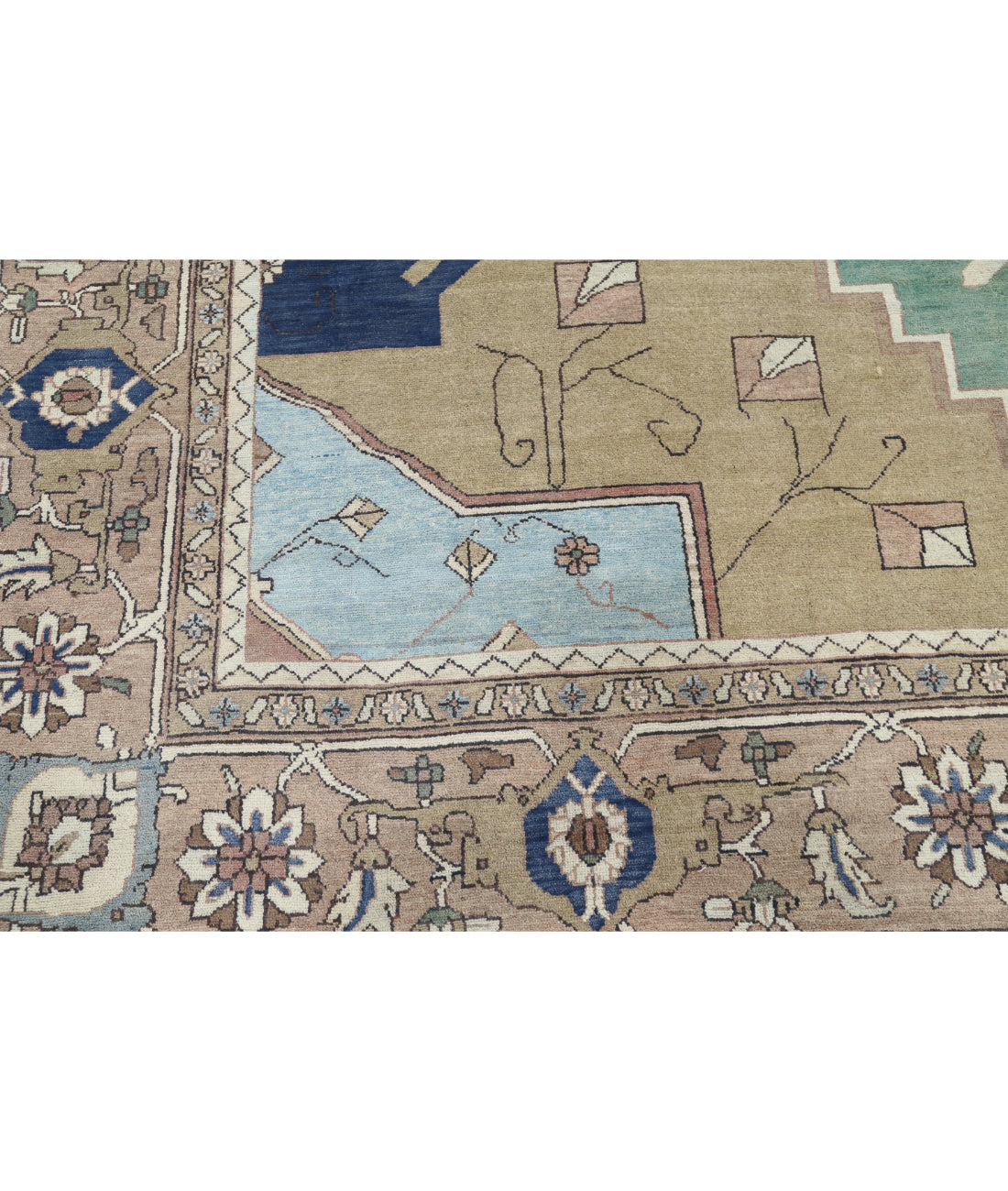 Hand Knotted Vintage Persian Meshkabad Wool Rug - 11'10'' x 14'6'' 11'10'' x 14'6'' (355 X 435) / Green / Tan