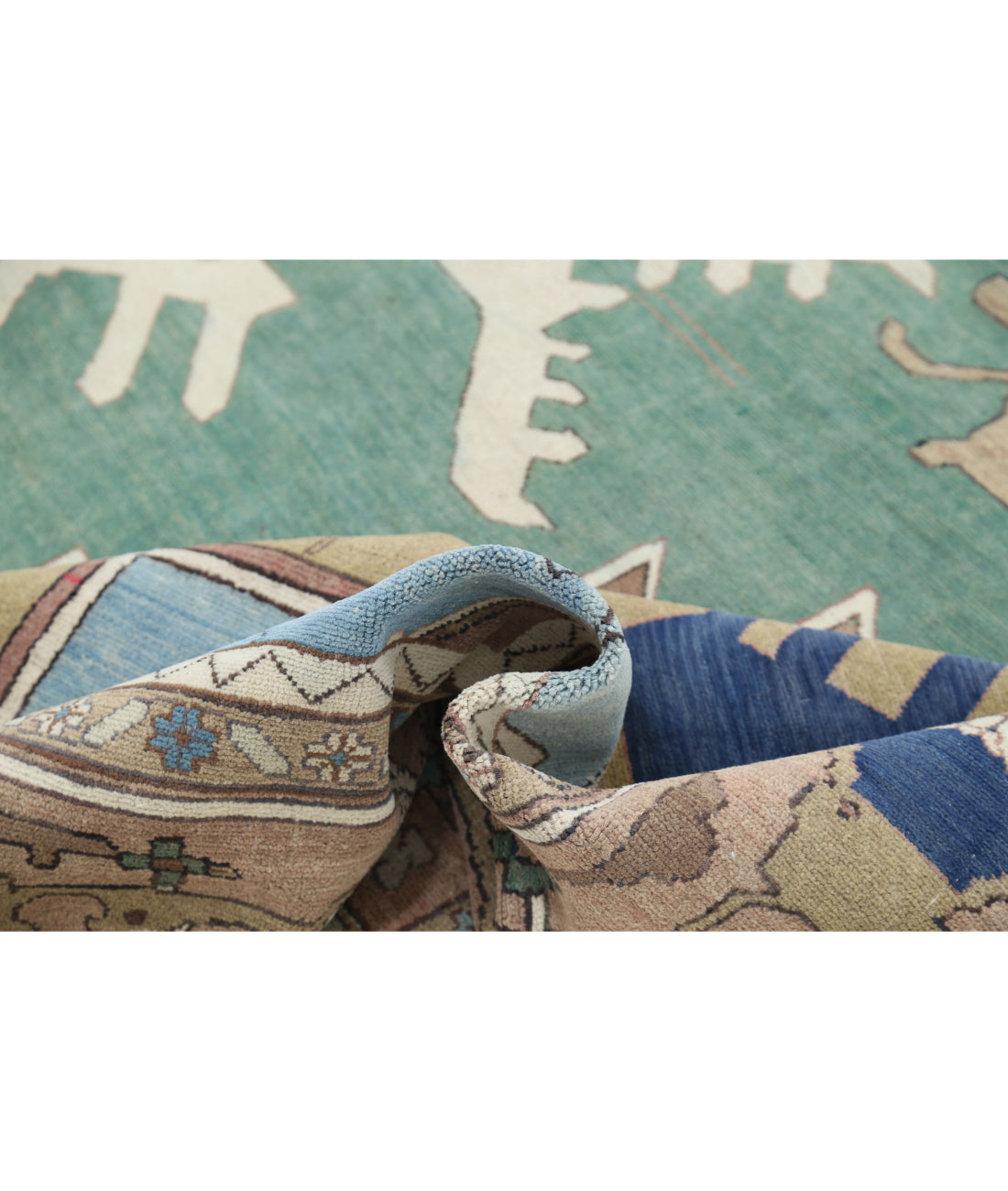 Hand Knotted Vintage Persian Meshkabad Wool Rug - 11'10'' x 14'6'' 11'10'' x 14'6'' (355 X 435) / Green / Tan