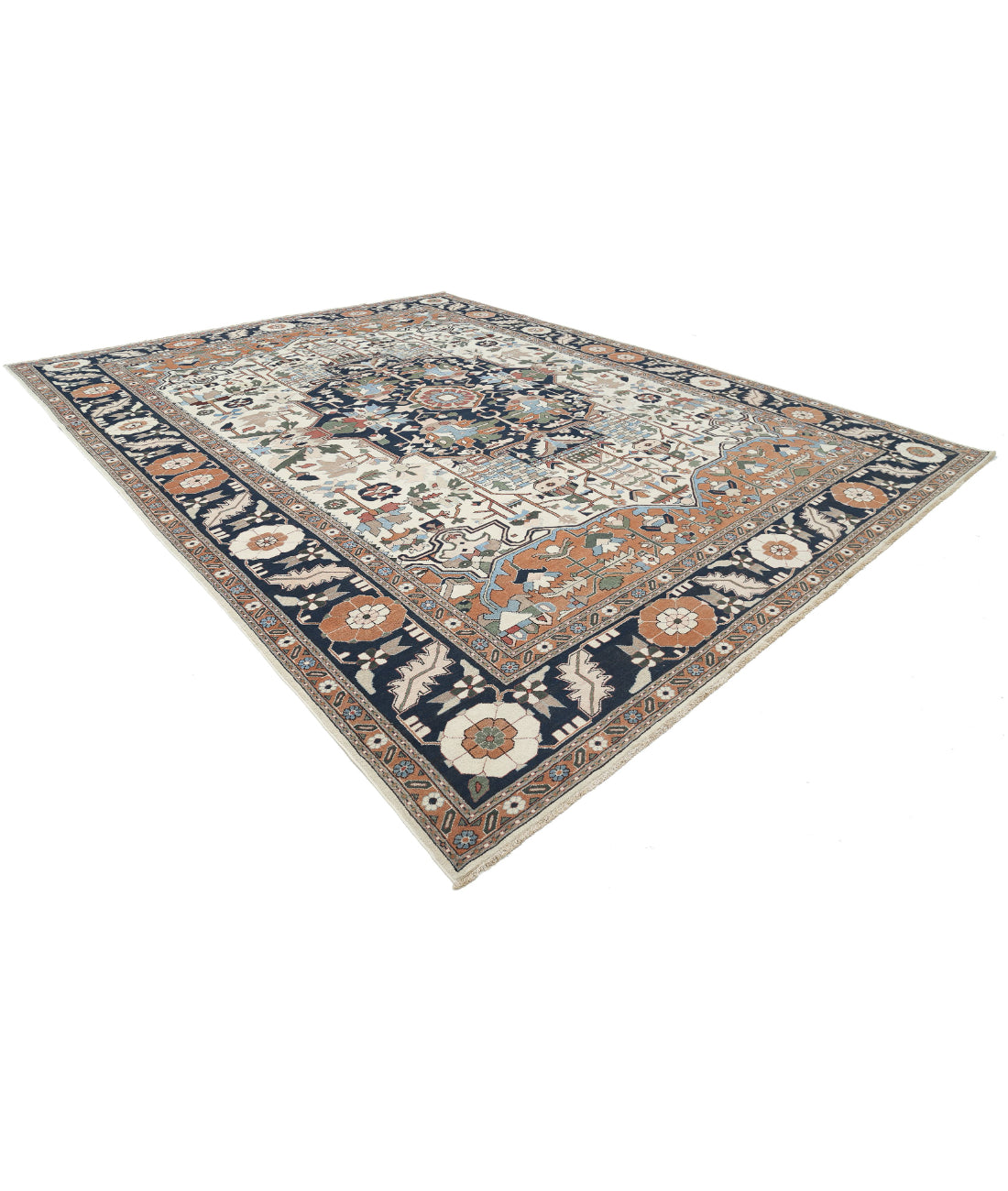 Hand Knotted Vintage Persian Meshkabad Wool Rug - 12'0'' x 15'2'' 12'0'' x 15'2'' (360 X 455) / Ivory / Blue