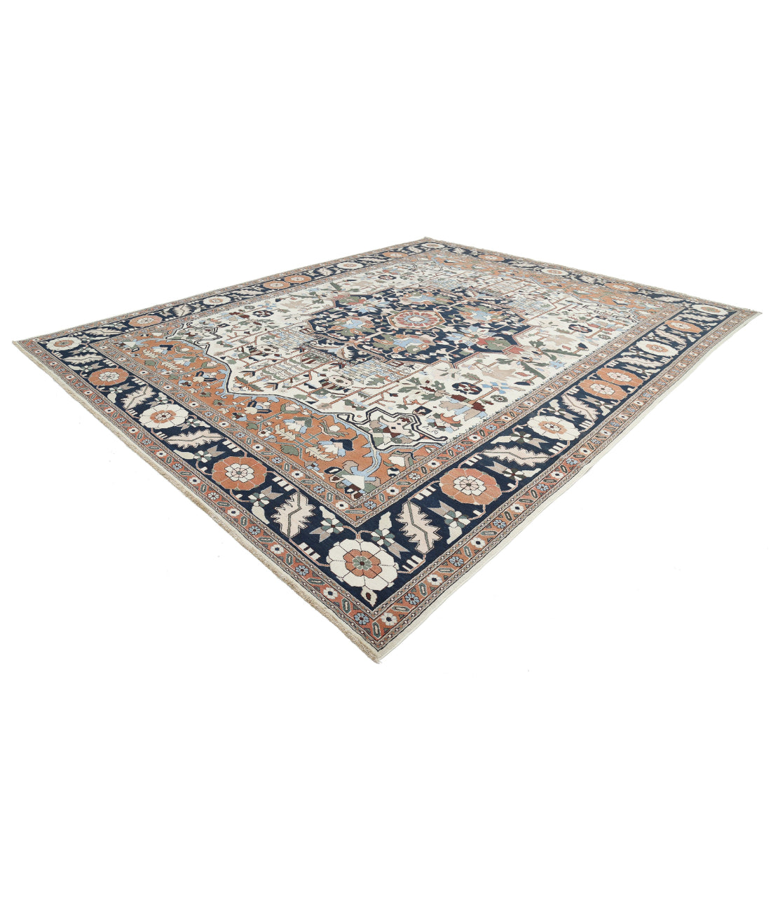 Hand Knotted Vintage Persian Meshkabad Wool Rug - 12'0'' x 15'2'' 12'0'' x 15'2'' (360 X 455) / Ivory / Blue