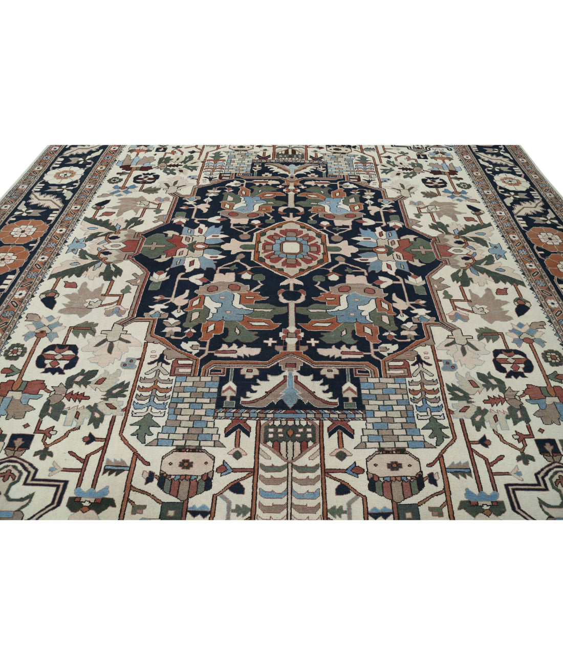 Hand Knotted Vintage Persian Meshkabad Wool Rug - 12'0'' x 15'2'' 12'0'' x 15'2'' (360 X 455) / Ivory / Blue