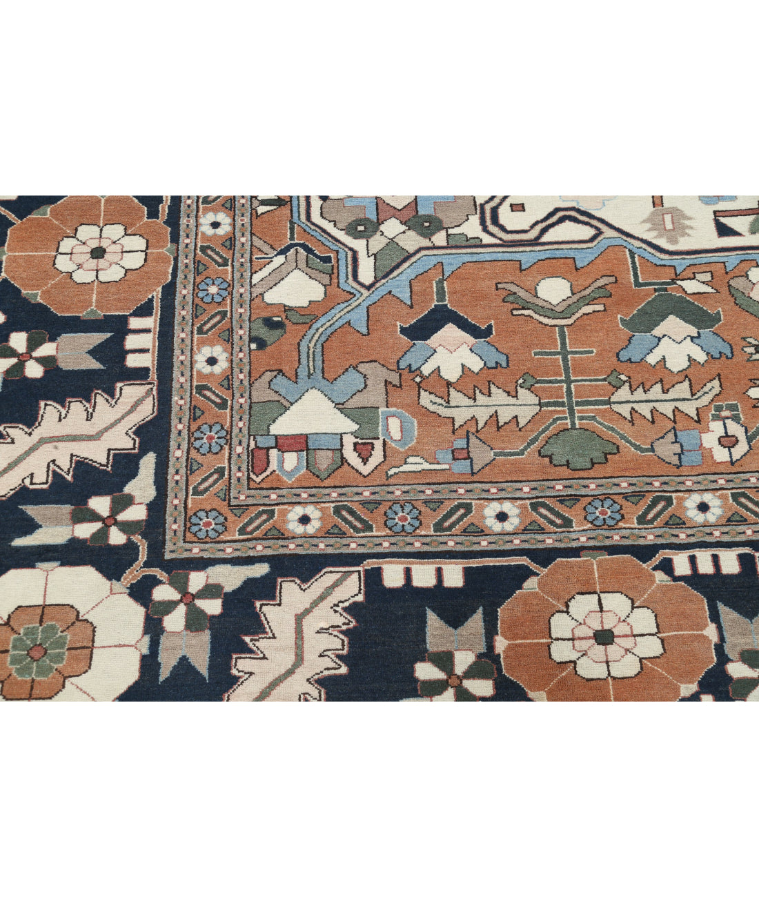 Hand Knotted Vintage Persian Meshkabad Wool Rug - 12'0'' x 15'2'' 12'0'' x 15'2'' (360 X 455) / Ivory / Blue