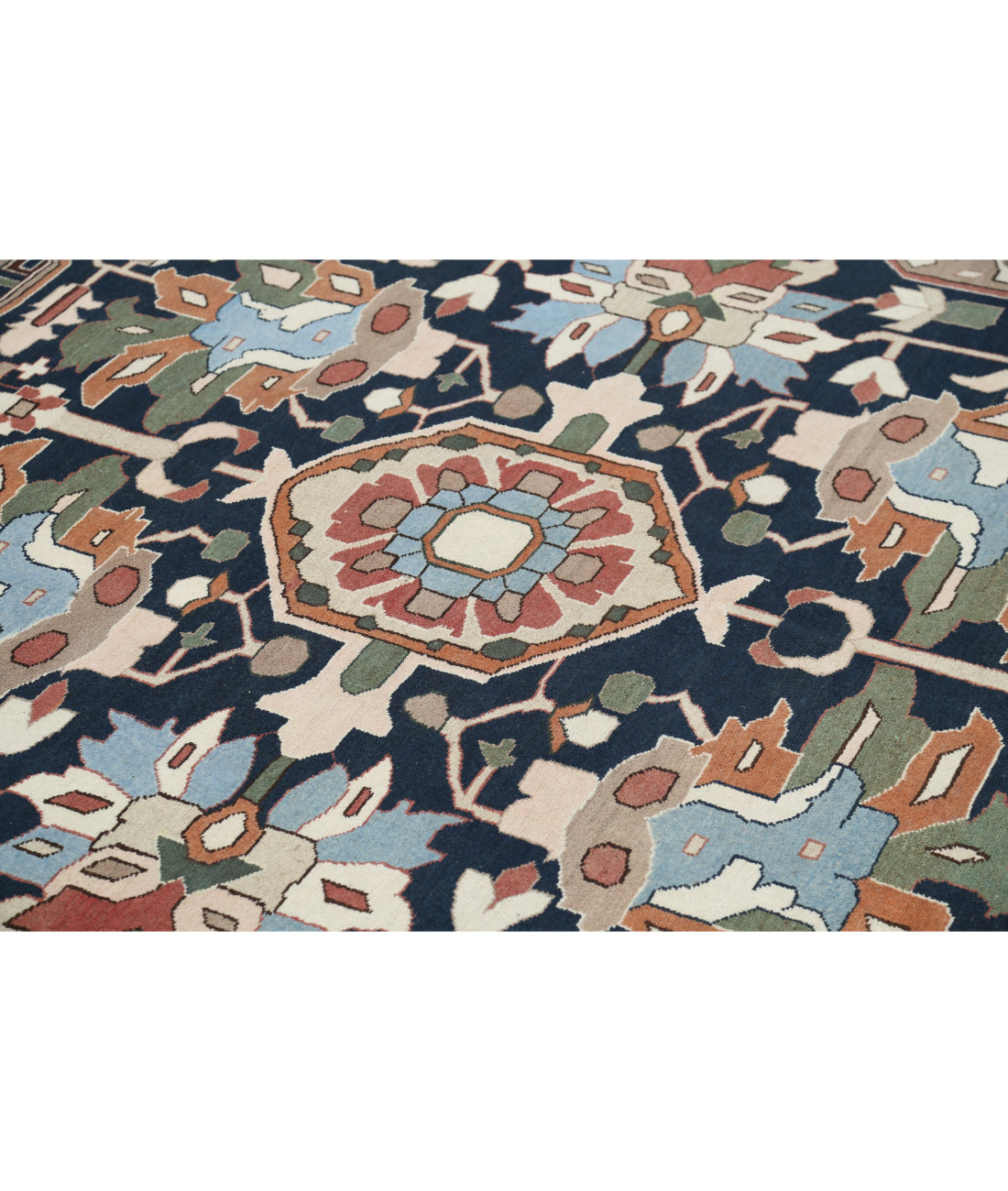 Hand Knotted Vintage Persian Meshkabad Wool Rug - 12'0'' x 15'2'' 12'0'' x 15'2'' (360 X 455) / Ivory / Blue