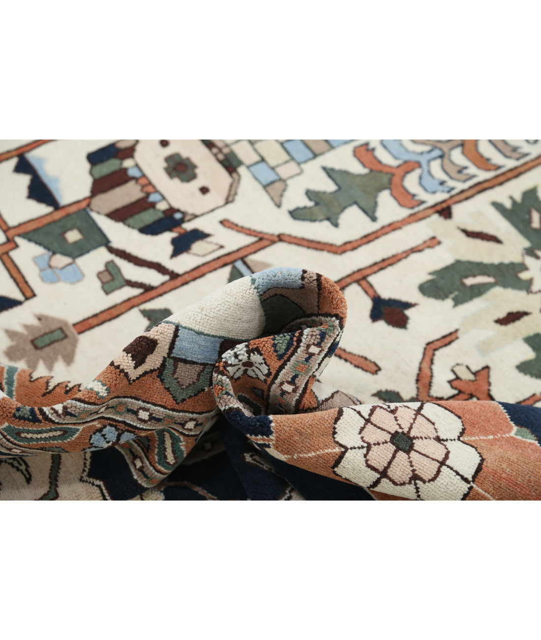 Hand Knotted Vintage Persian Meshkabad Wool Rug - 12'0'' x 15'2'' 12'0'' x 15'2'' (360 X 455) / Ivory / Blue