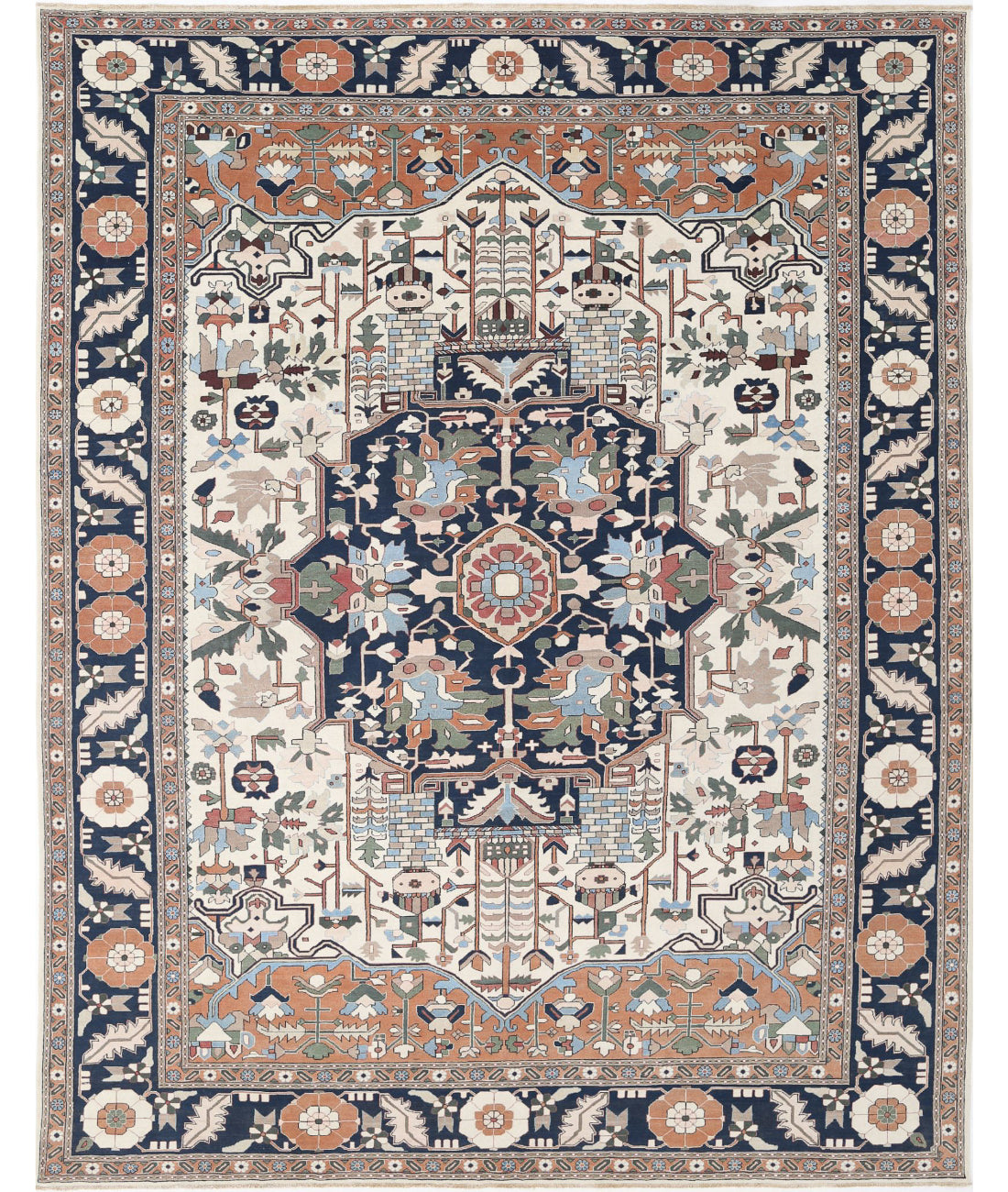 Hand Knotted Vintage Persian Meshkabad Wool Rug - 12'0'' x 15'2'' 12'0'' x 15'2'' (360 X 455) / Ivory / Blue