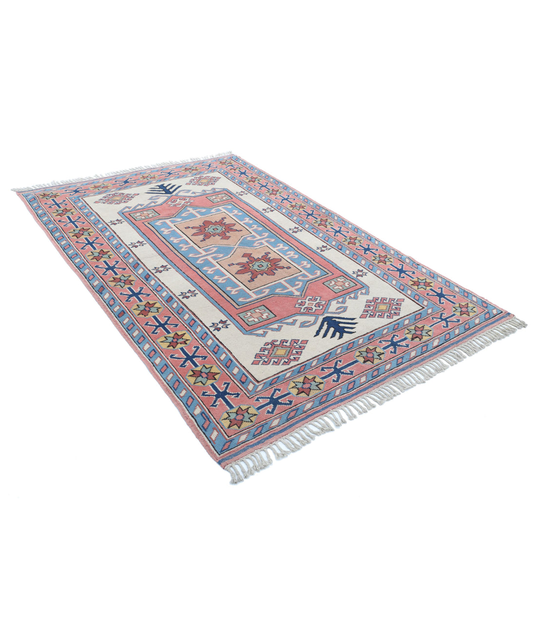 Hand Knotted Vintage Turkish Milas Wool Rug - 5'2'' x 7'11'' 5'2'' x 7'11'' (155 X 238) / Ivory / Peach