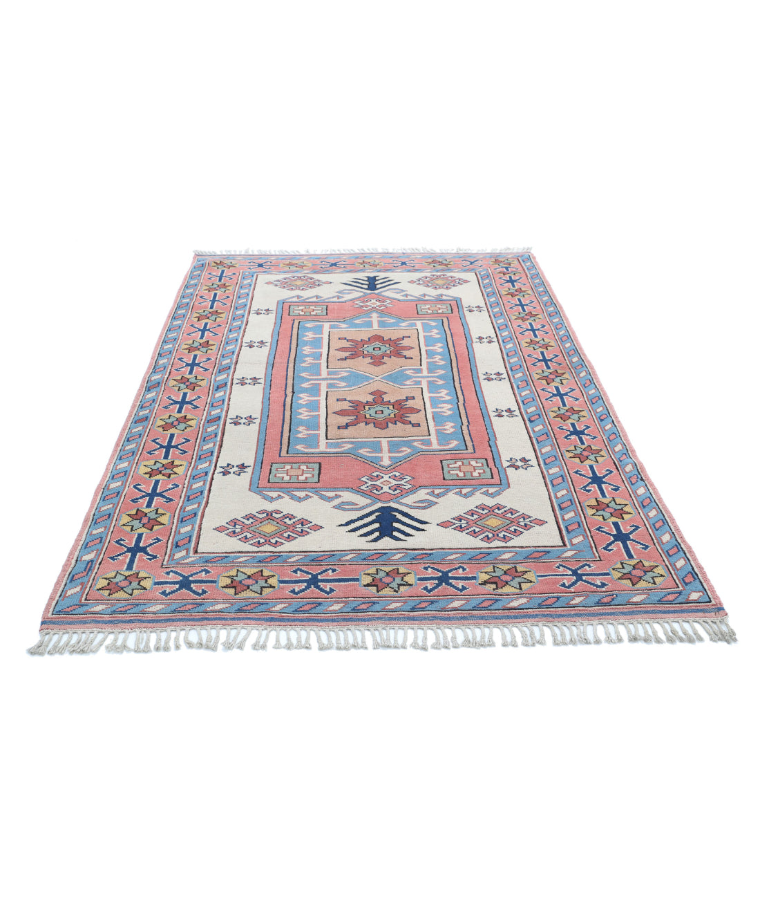 Hand Knotted Vintage Turkish Milas Wool Rug - 5'2'' x 7'11'' 5'2'' x 7'11'' (155 X 238) / Ivory / Peach