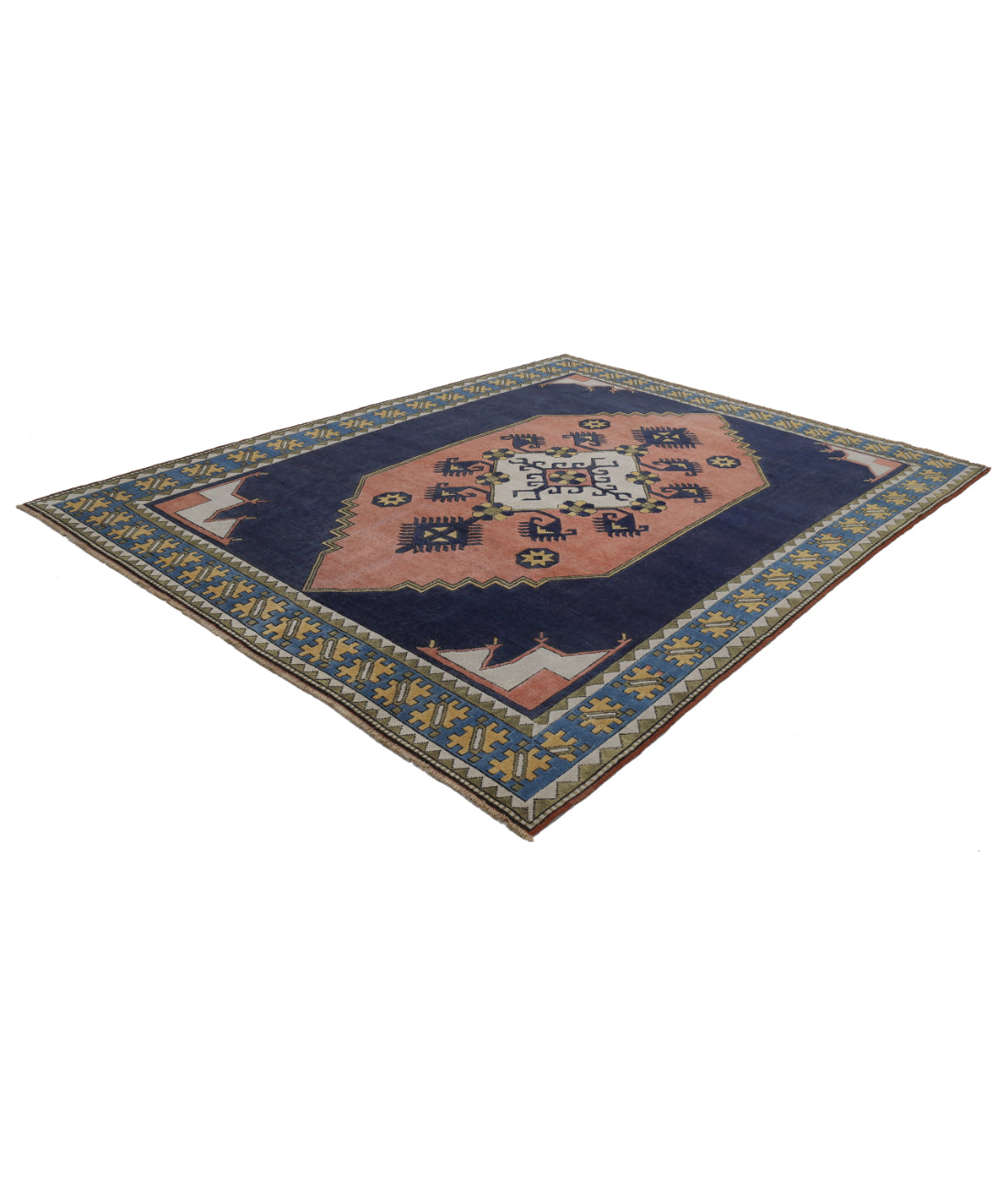 Hand Knotted Vintage Turkish Milas Wool Rug - 8'2'' x 10'10'' 8'2'' x 10'10'' (245 X 325) / Pink / Blue