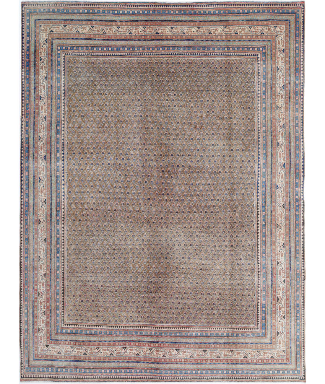 Hand Knotted Vintage Persian Mir Saraband Wool Rug - 7'8'' x 10'4'' 7'8'' x 10'4'' (230 X 310) / Taupe / Blue