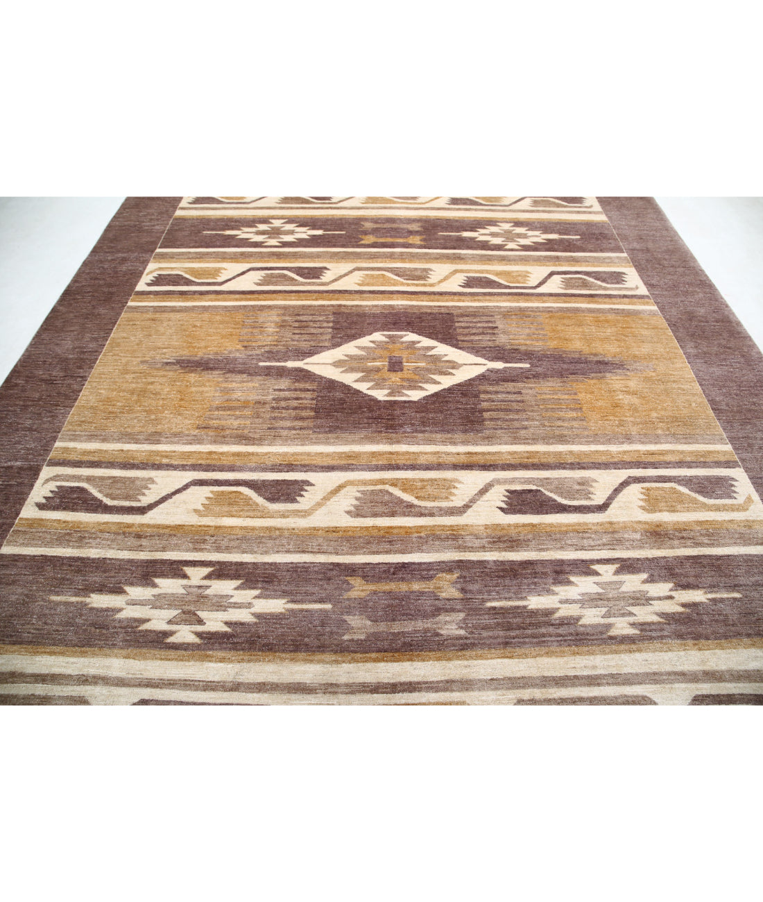 Hand Knotted Navajo Modcar Wool Rug - 8'11'' x 11'8'' 8'11'' x 11'8'' (268 X 350) / Brown / Ivory