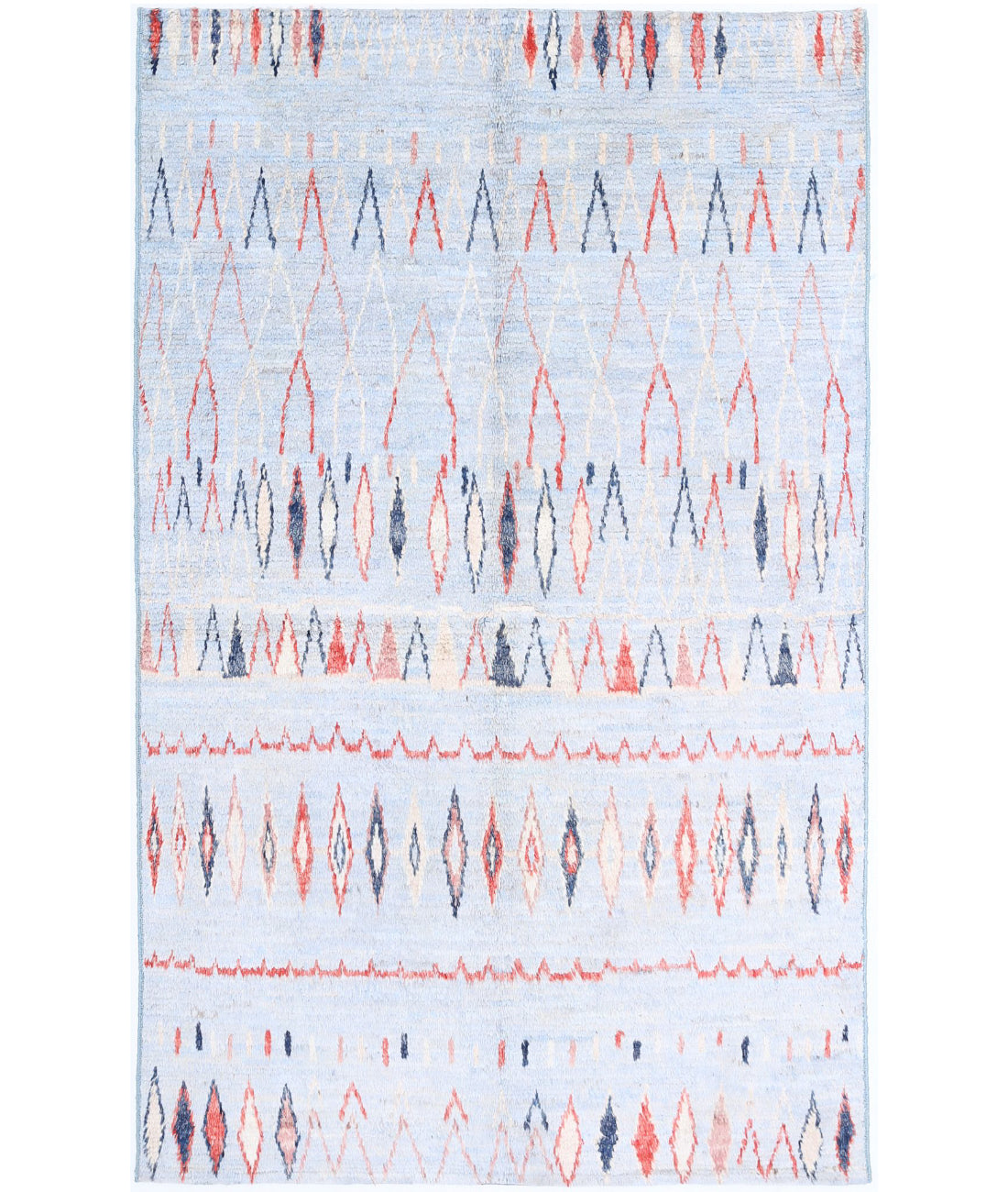 Hand Knotted Tribal Moroccan Wool Rug - 4&#39;9&#39;&#39; x 7&#39;9&#39;&#39; 4&#39;9&#39;&#39; x 7&#39;9&#39;&#39; (143 X 233) / Blue / Red