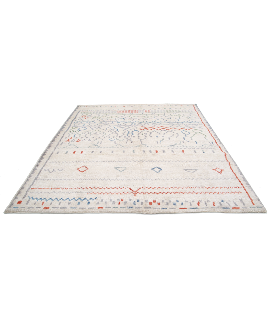 Hand Knotted Tribal Moroccan Wool Rug - 8'6'' x 9'9'' 8' 6" X 9' 9" (259 X 297) / Ivory / Red