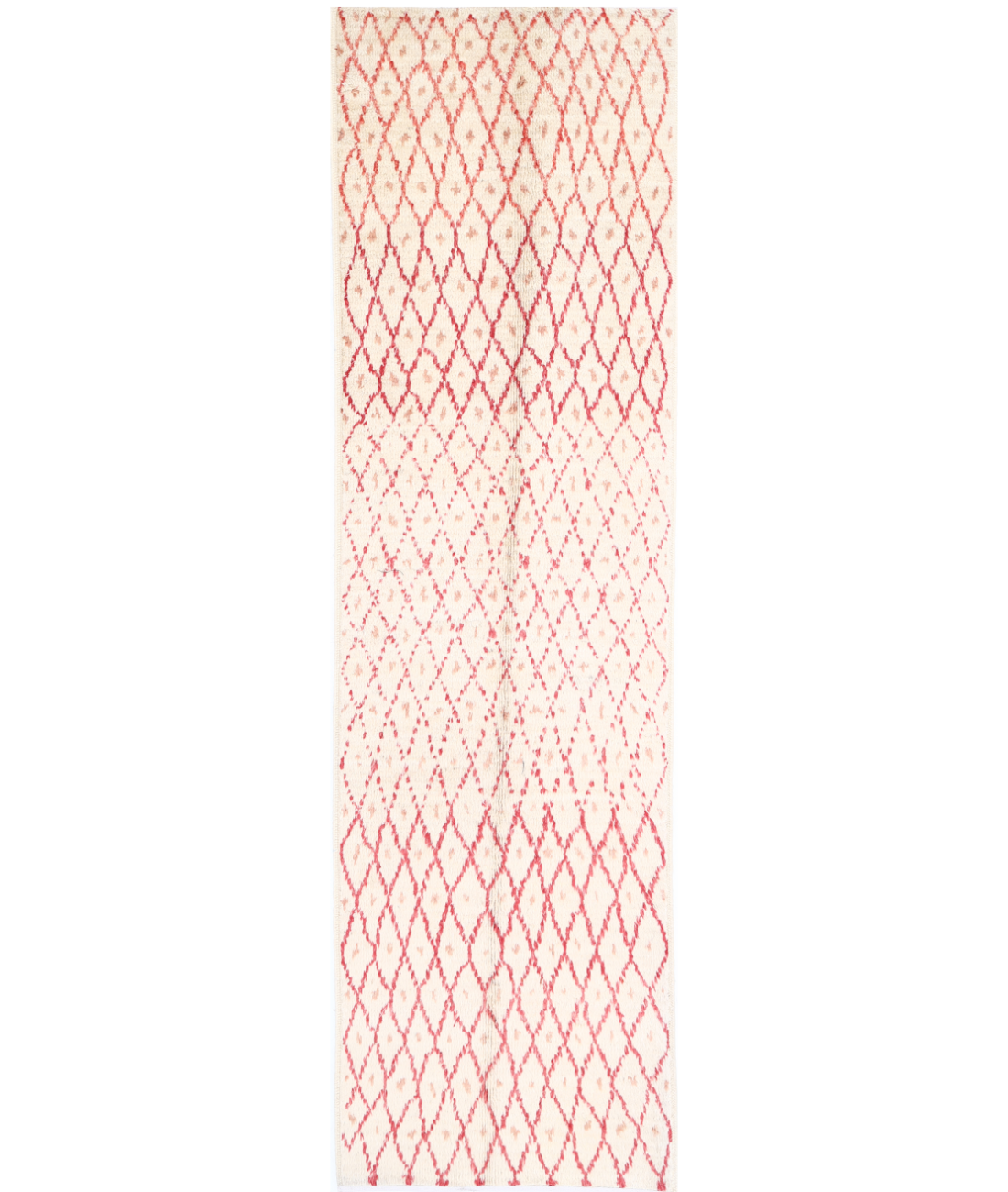 Hand Knotted Tribal Moroccan Wool Rug - 2'11'' x 11'3'' 2'11'' x 11'3'' (88 X 338) / Ivory / Red