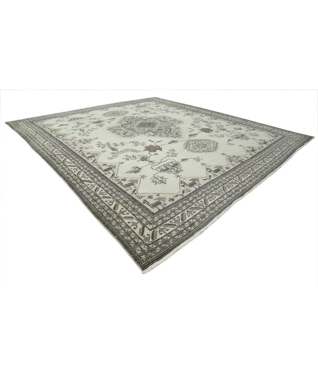 Hand Knotted Vintage Tribal Moroccan Wool Rug - 14'11'' x 16'1'' 14'11'' x 16'1'' (448 X 483) / Ivory / Grey