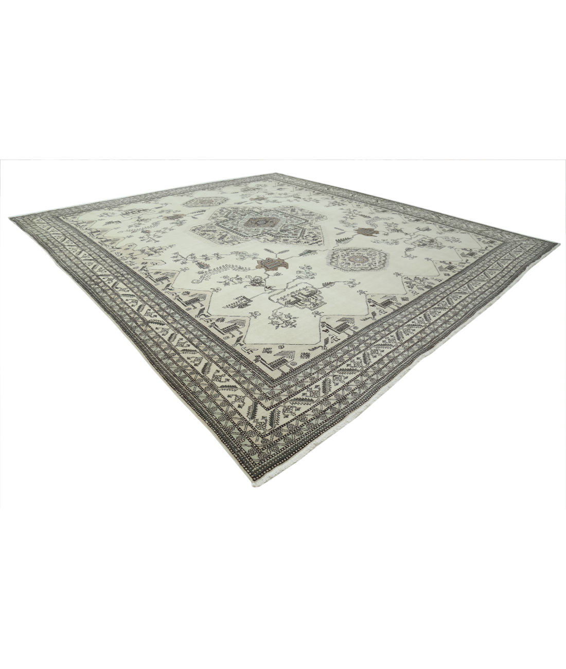 Hand Knotted Vintage Tribal Moroccan Wool Rug - 14'11'' x 16'1'' 14' 11" X 16' 1" (455 X 490) / Ivory / Grey