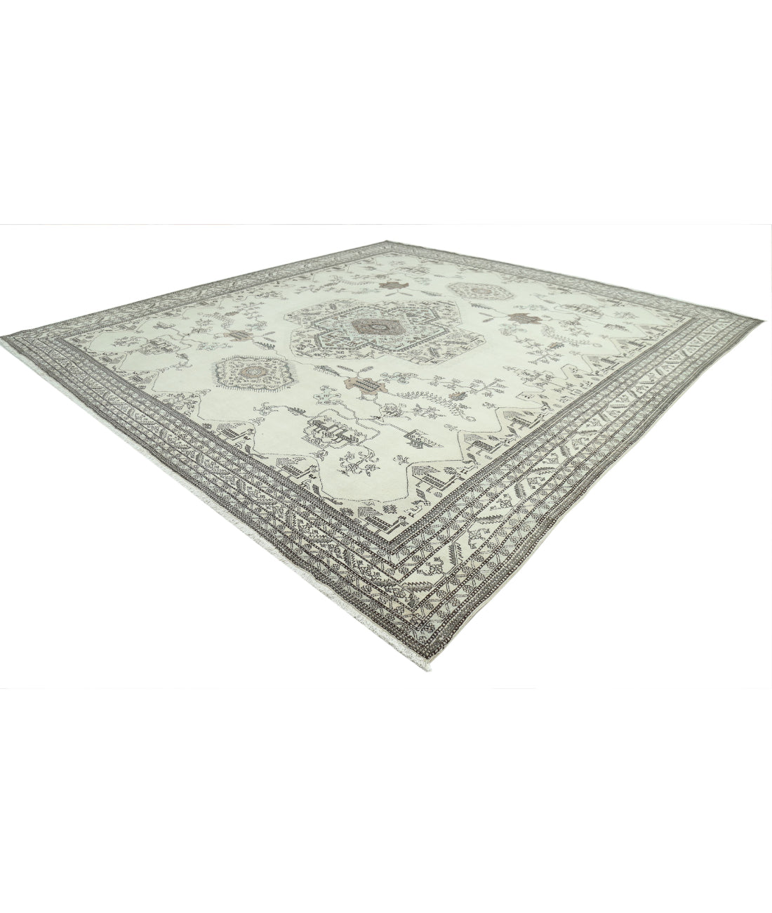 Hand Knotted Vintage Tribal Moroccan Wool Rug - 14'11'' x 16'1'' 14'11'' x 16'1'' (448 X 483) / Ivory / Grey