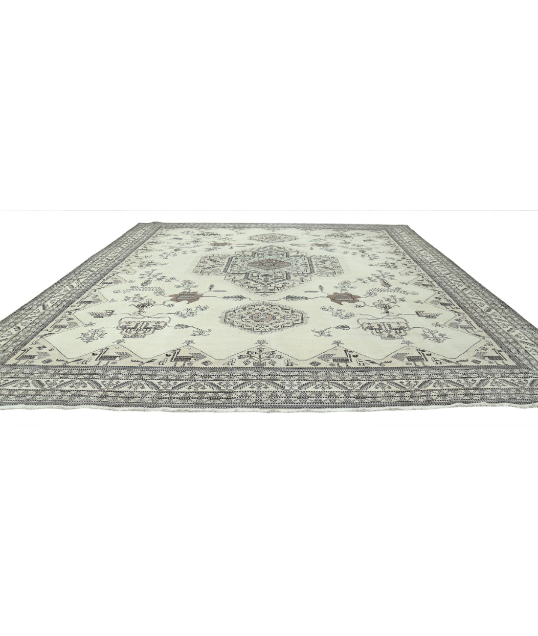 Hand Knotted Vintage Tribal Moroccan Wool Rug - 14'11'' x 16'1'' 14'11'' x 16'1'' (448 X 483) / Ivory / Grey