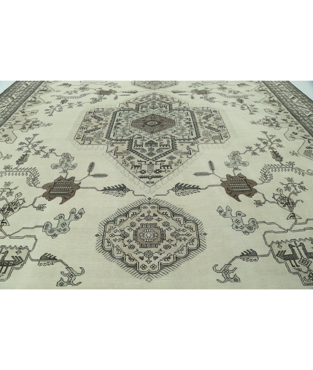 Hand Knotted Vintage Tribal Moroccan Wool Rug - 14'11'' x 16'1'' 14'11'' x 16'1'' (448 X 483) / Ivory / Grey