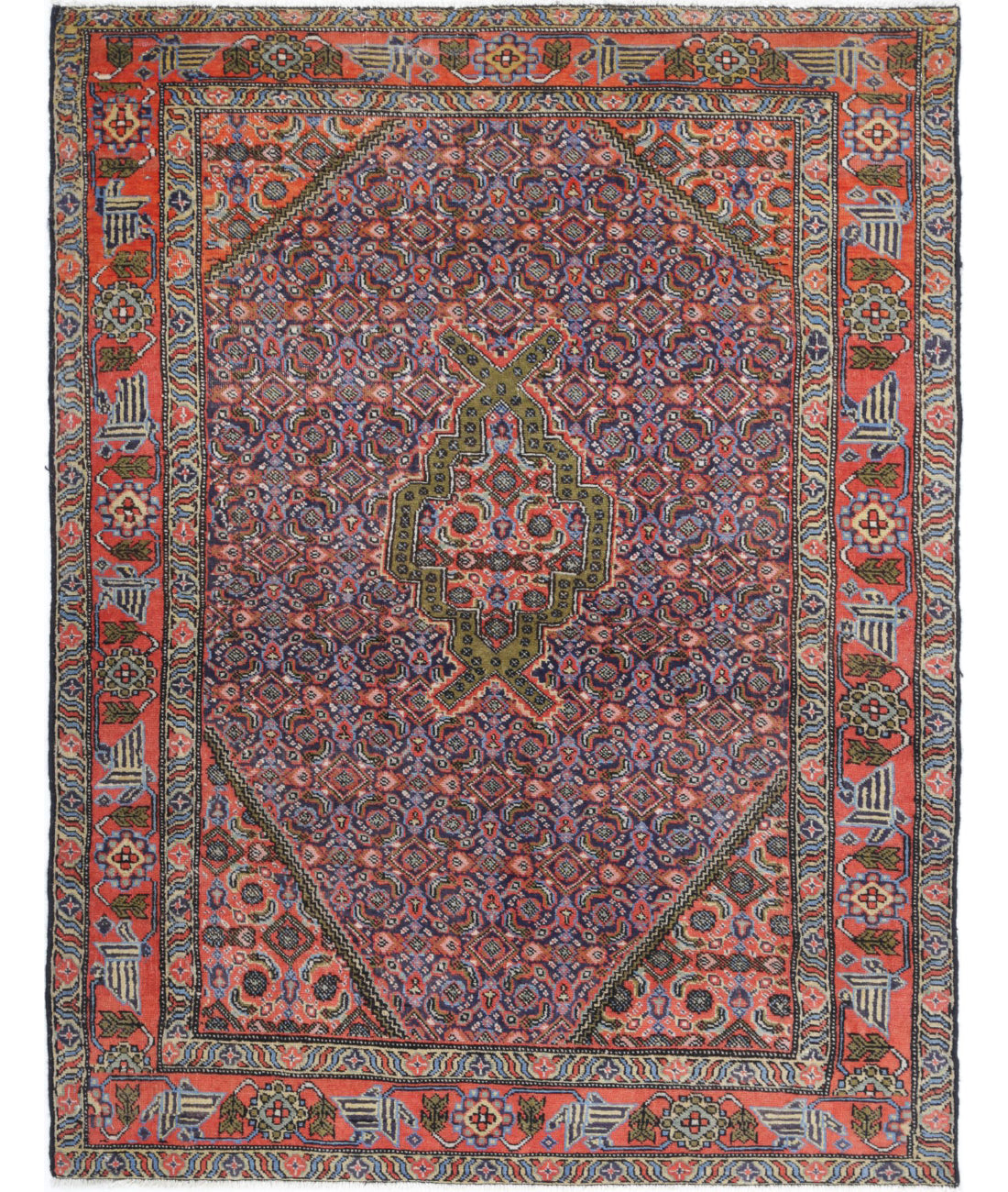 Hand Knotted Persian Moud Wool Rug - 3&#39;9&#39;&#39; x 5&#39;1&#39;&#39; 3&#39;9&#39;&#39; x 5&#39;1&#39;&#39; (113 X 153) / Blue / Rust