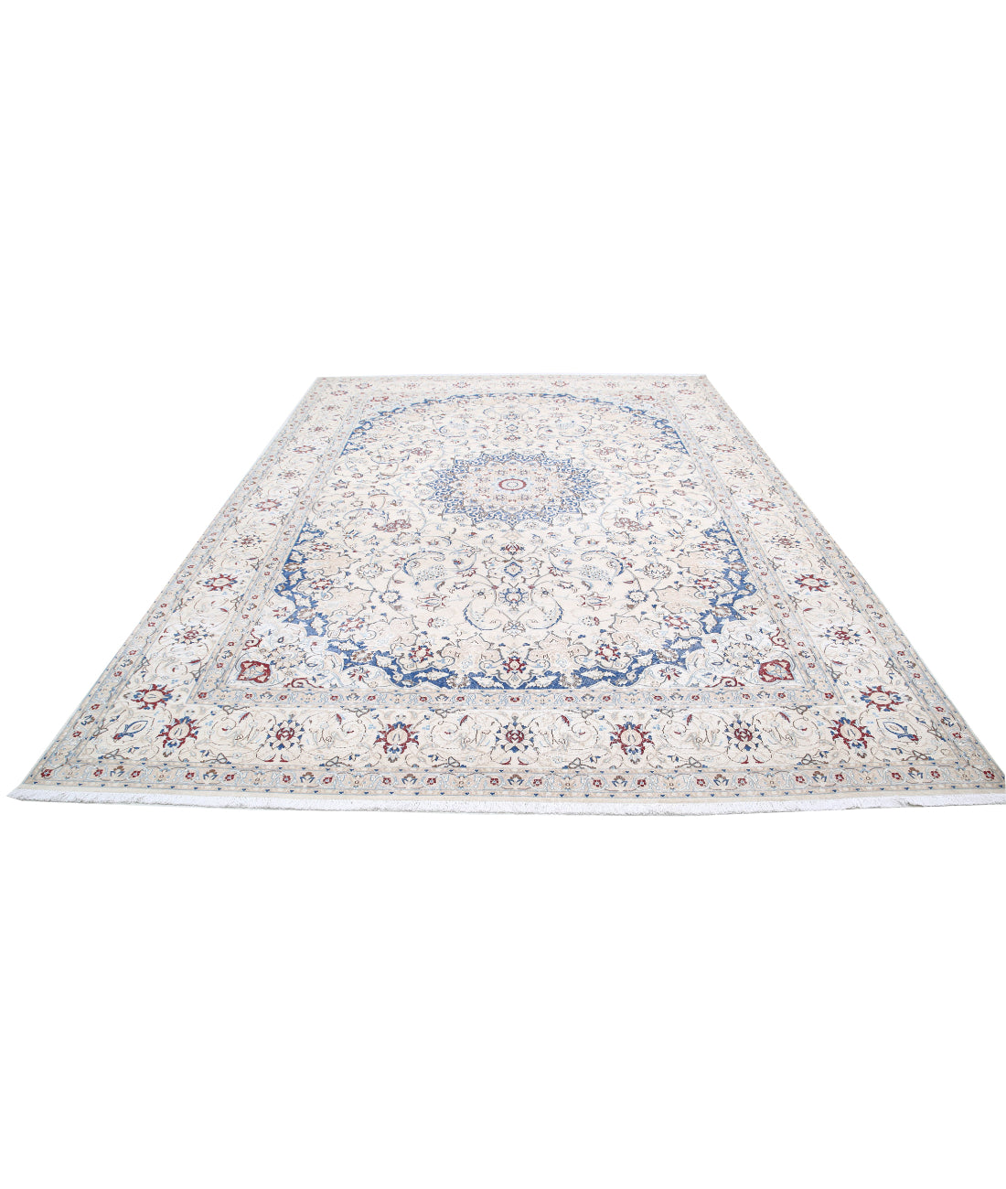 Hand Knotted Vintage Persian Nain Wool Rug - 8'8'' x 11'10'' 8'8'' x 11'10'' (260 X 355) / Ivory / Blue