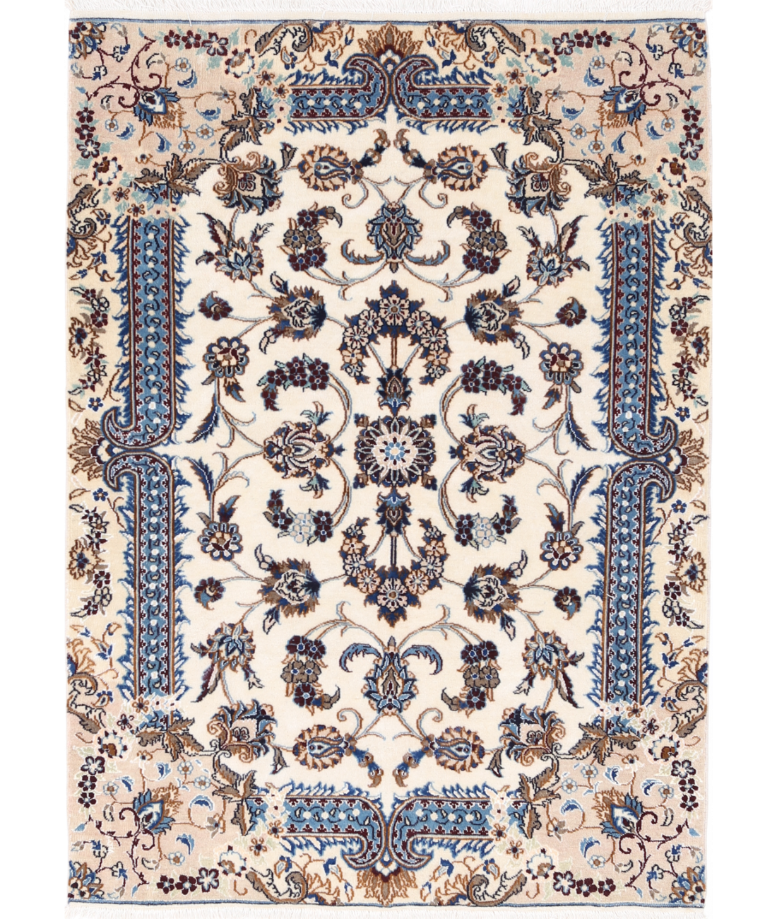 Hand Knotted Nain Wool & Silk Rug 3' 5" X 4' 10" 3' 5" X 4' 10" (104 X 147) / Ivory / Blue