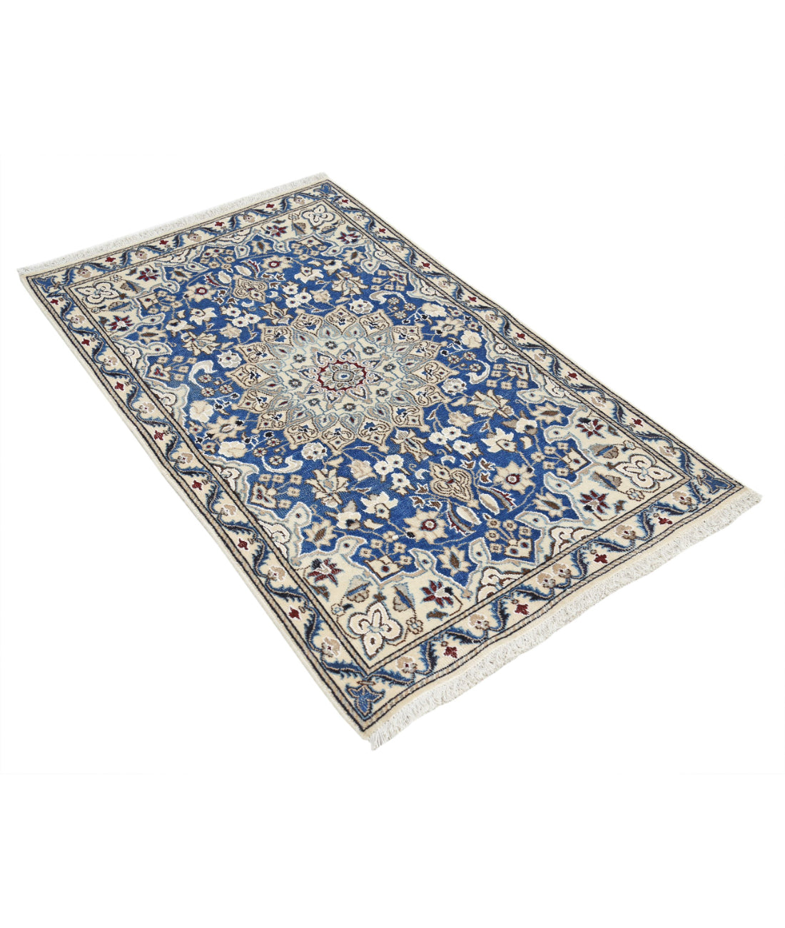 Hand Knotted Vintage Persian Nain Wool & Silk Rug - 2'9'' x 4'5'' 2'9'' x 4'5'' (83 X 133) / Blue / Ivory
