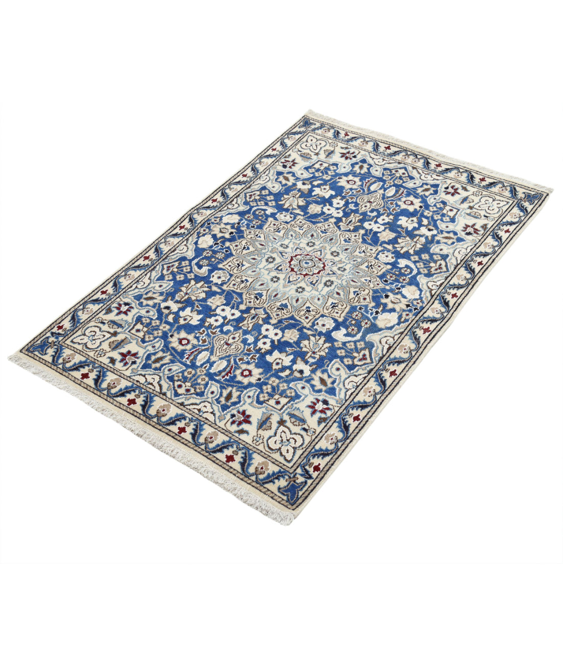 Hand Knotted Vintage Persian Nain Wool & Silk Rug - 2'9'' x 4'5'' 2'9'' x 4'5'' (83 X 133) / Blue / Ivory