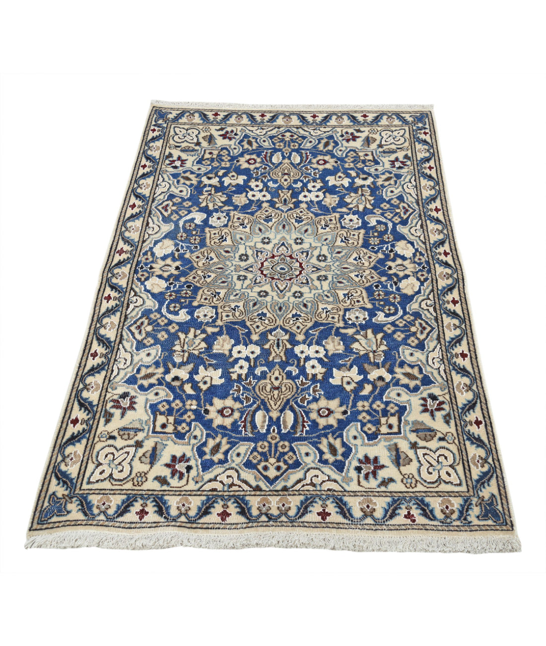 Hand Knotted Vintage Persian Nain Wool & Silk Rug - 2'9'' x 4'5'' 2'9'' x 4'5'' (83 X 133) / Blue / Ivory