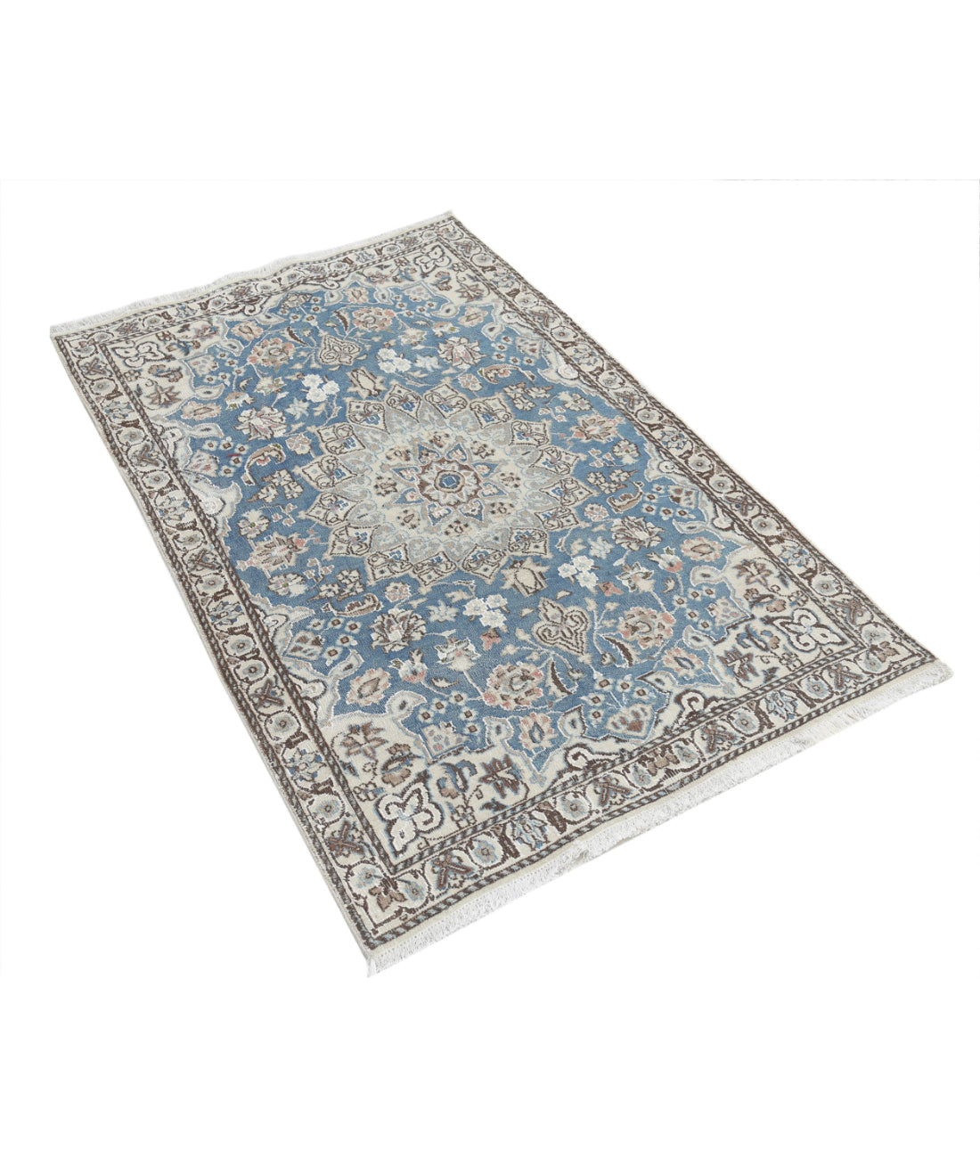 Hand Knotted Vintage Persian Nain Wool & Silk Rug - 2'11'' x 4'6'' 2'11'' x 4'6'' (88 X 135) / Blue / Ivory