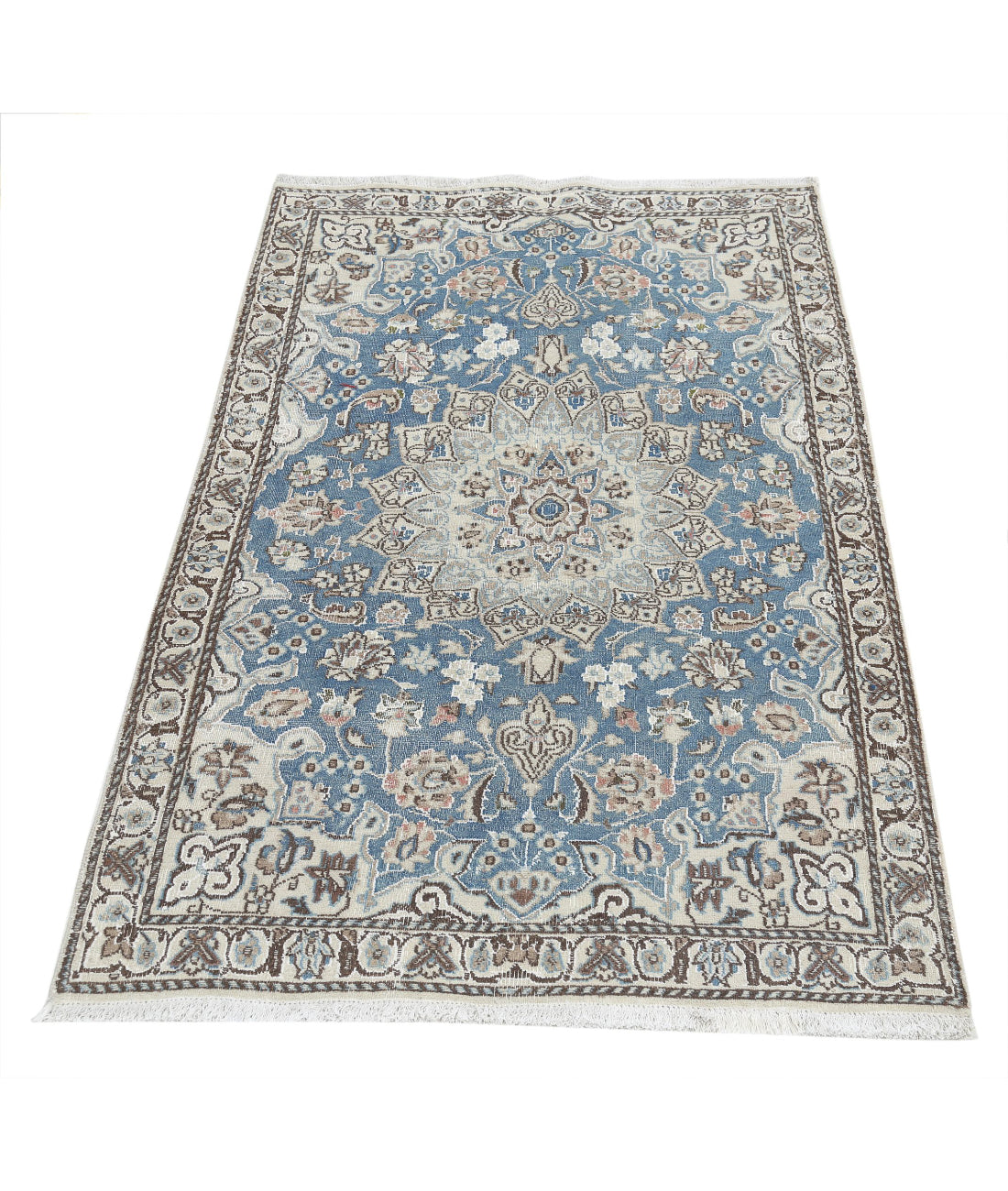 Hand Knotted Vintage Persian Nain Wool & Silk Rug - 2'11'' x 4'6'' 2'11'' x 4'6'' (88 X 135) / Blue / Ivory