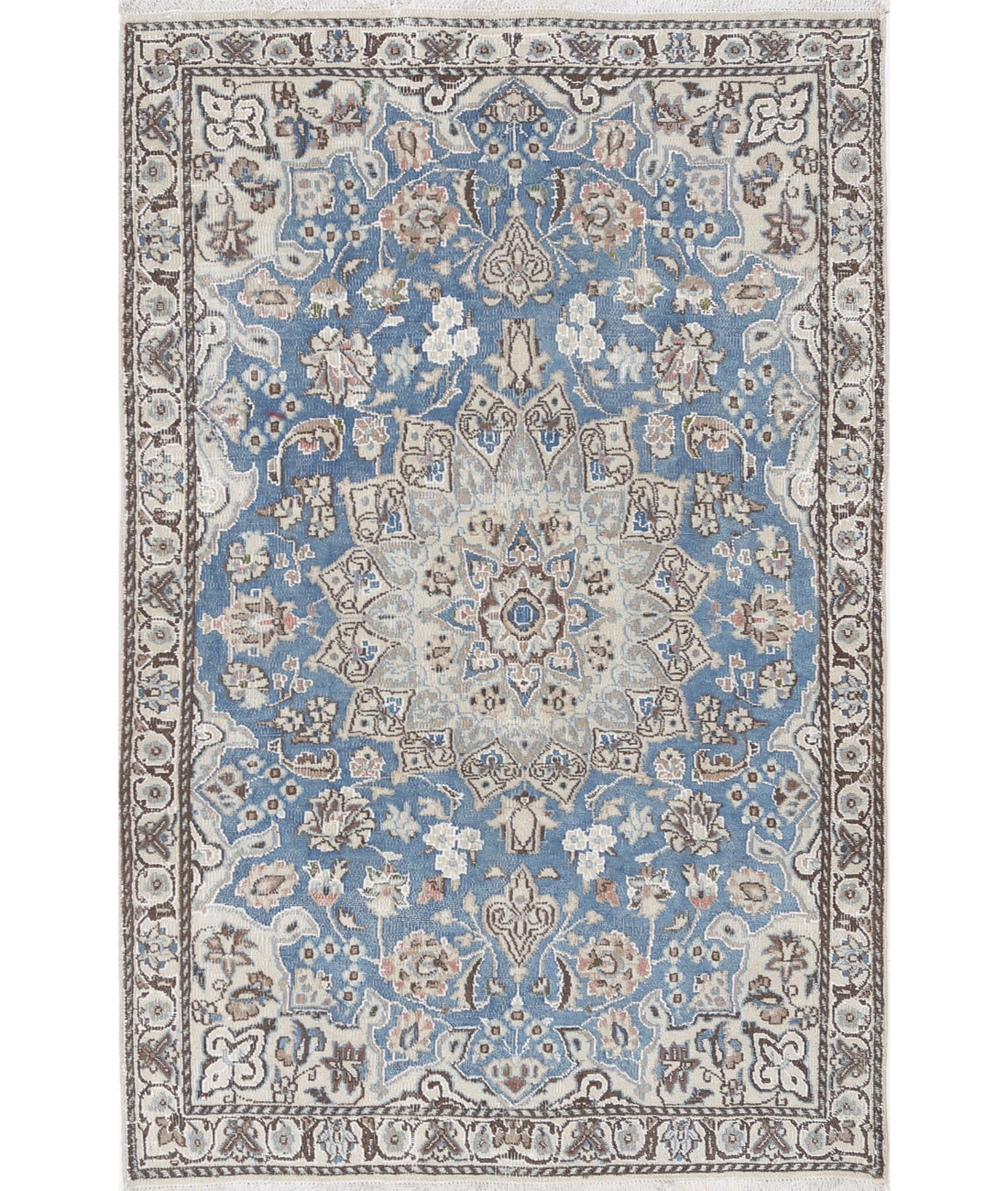 Hand Knotted Vintage Persian Nain Wool &amp; Silk Rug - 2&#39;11&#39;&#39; x 4&#39;6&#39;&#39; 2&#39;11&#39;&#39; x 4&#39;6&#39;&#39; (88 X 135) / Blue / Ivory