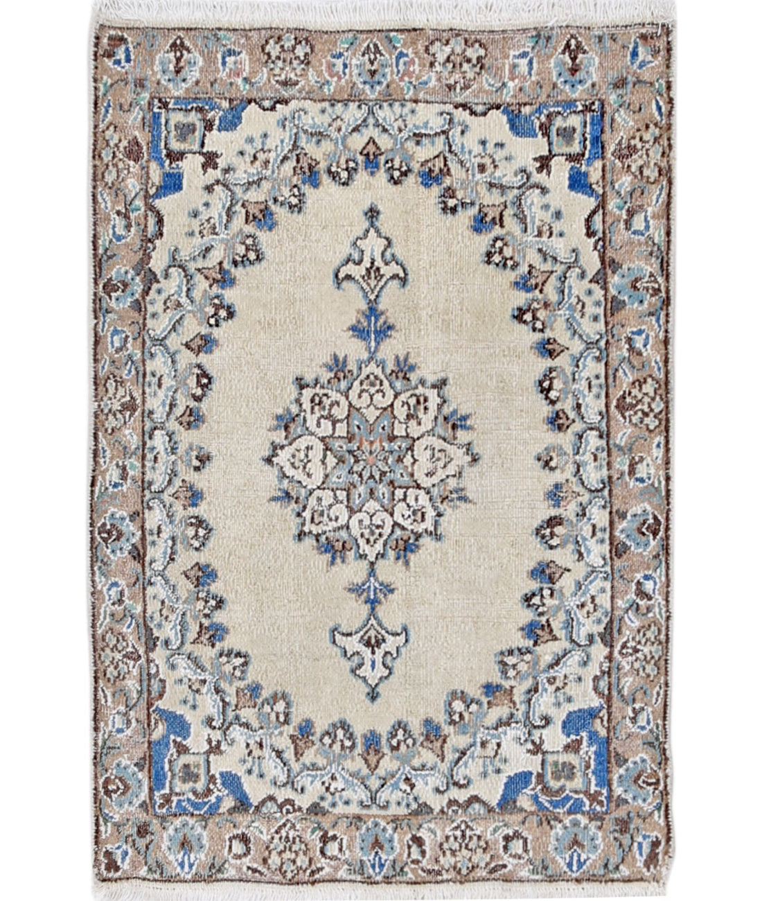 Hand Knotted Vintage Persian Nain Wool &amp; Silk Rug - 1&#39;11&#39;&#39; x 2&#39;10&#39;&#39; 1&#39;11&#39;&#39; x 2&#39;10&#39;&#39; (58 X 85) / Ivory / Taupe