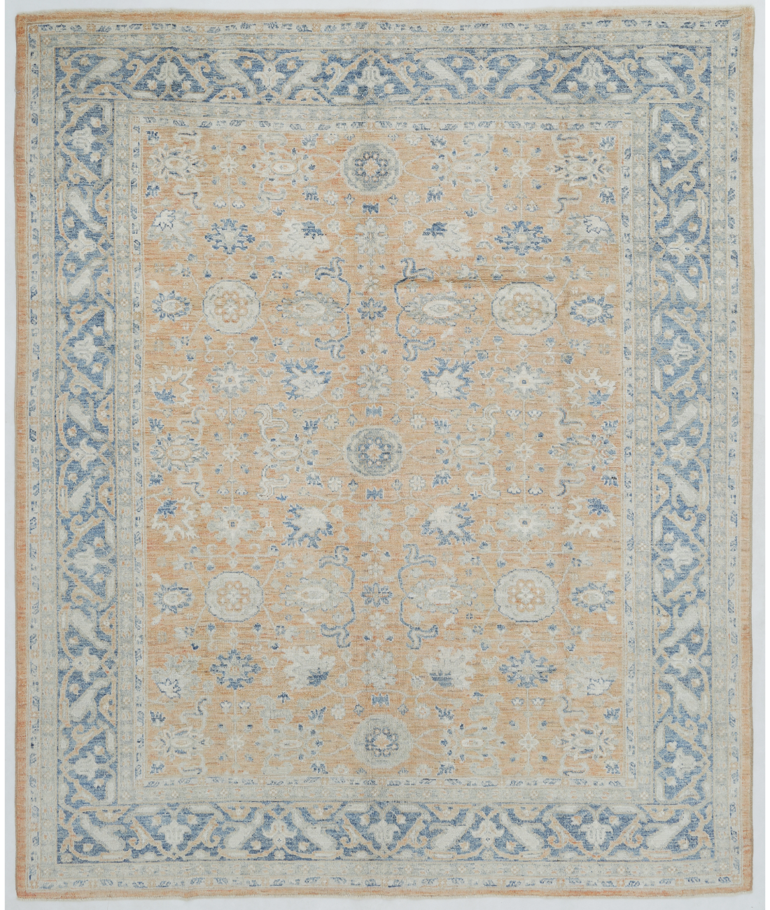 Hand Knotted Oushak Wool Rug 8' 1" X 9' 5" 8' 1" X 9' 5" (246 X 287) / Orange / Blue