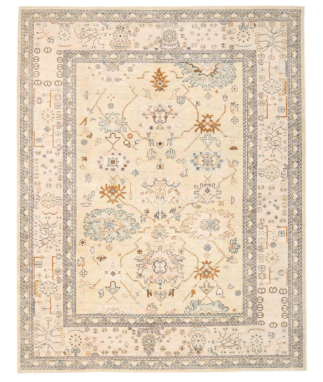 Hand Knotted Oushak Wool Rug 9' 9" X 12' 4" 9' 9" X 12' 4" (297 X 376) / Ivory / Gold