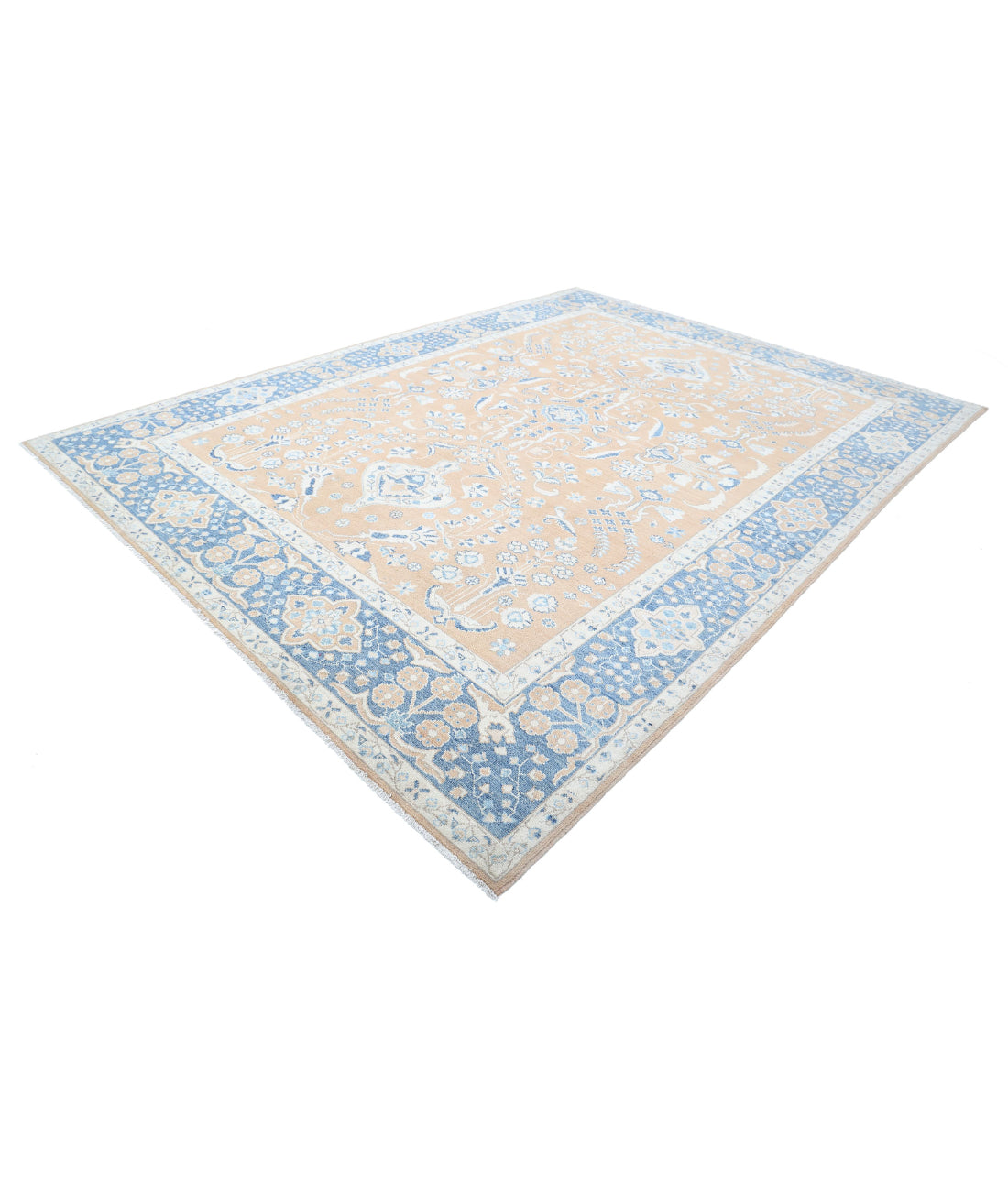 Hand Knotted Oushak Wool Rug - 9'2'' x 12'3'' 9'2'' x 12'3'' (275 X 368) / Taupe / Blue