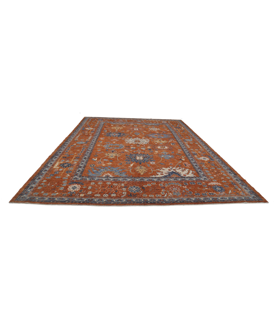 Hand Knotted Oushak Wool Rug - 10'6'' x 14'6'' 10'6'' x 14'6'' (315 X 435) / Rust / Blue