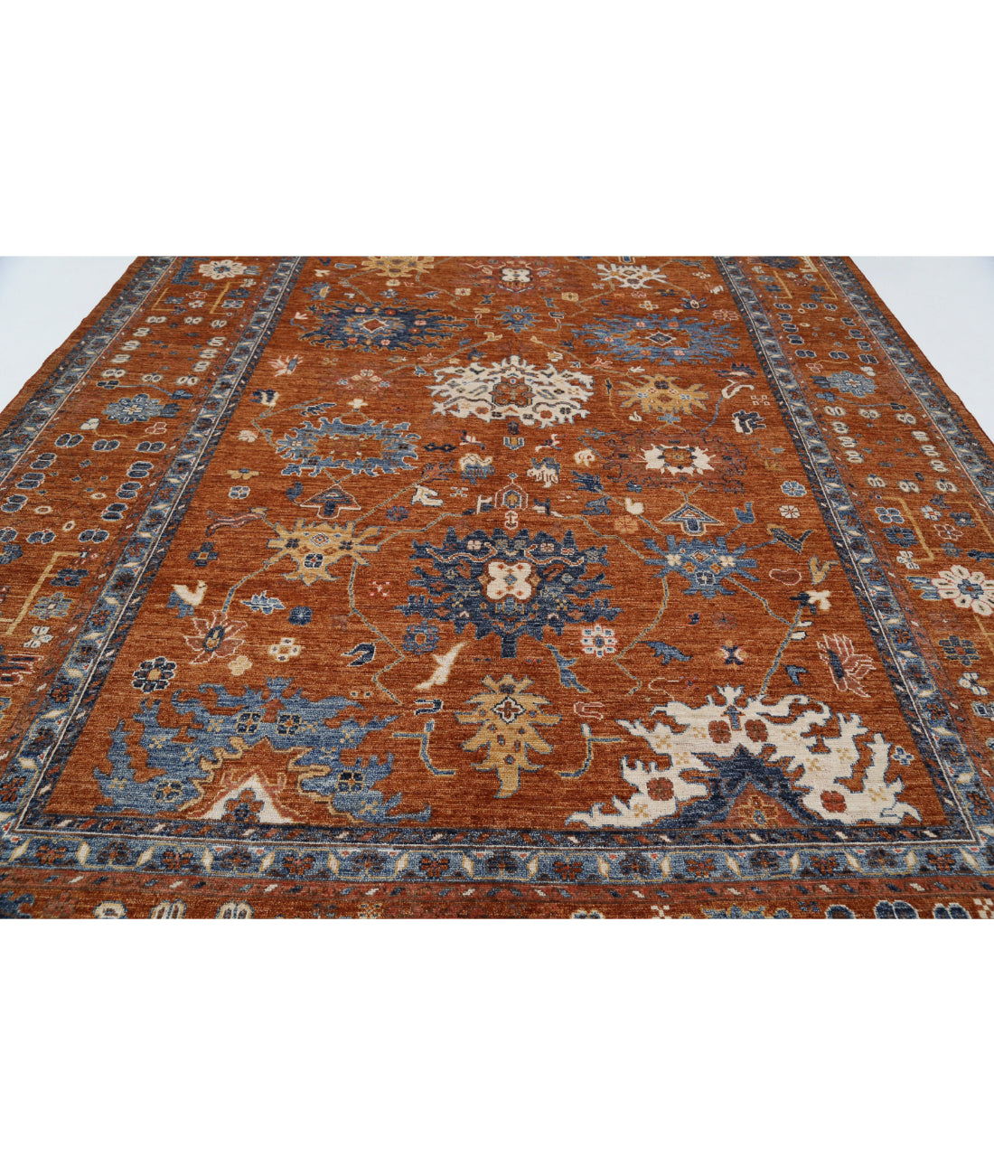 Hand Knotted Oushak Wool Rug - 10'6'' x 14'6'' 10'6'' x 14'6'' (315 X 435) / Rust / Blue
