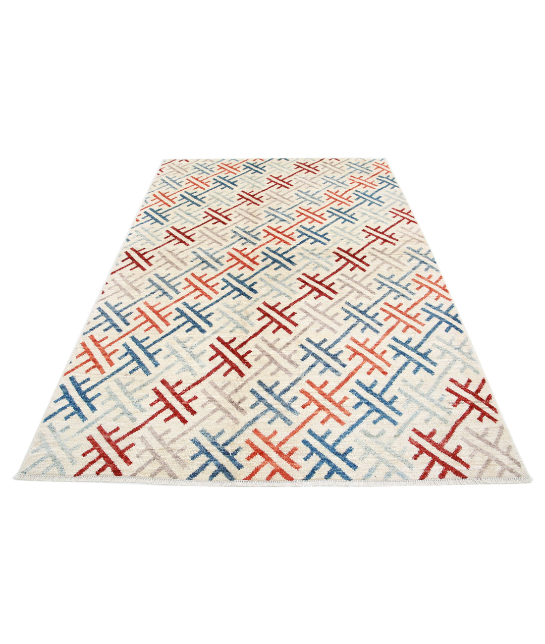 Hand Knotted Modcar Wool Rug - 5'8'' x 8'1'' 5'8'' x 8'1'' (170 X 243) / Ivory / Blue