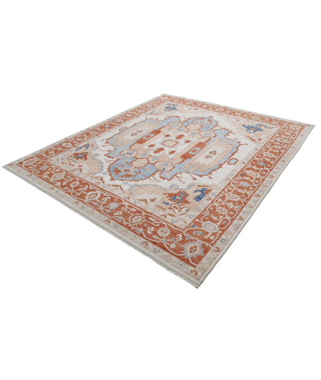 Hand Knotted Oushak Wool Rug - 8'3'' x 9'6'' 8'3'' x 9'6'' (248 X 285) / Ivory / Rust