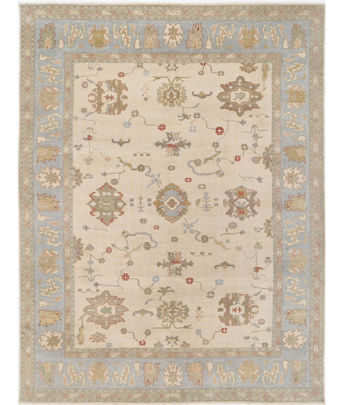 Hand Knotted Turkish Oushak Wool Rug - 10&#39;10&#39;&#39; x 14&#39;2&#39;&#39; 10&#39;10&#39;&#39; x 14&#39;2&#39;&#39; (325 X 425) / Beige / Blue