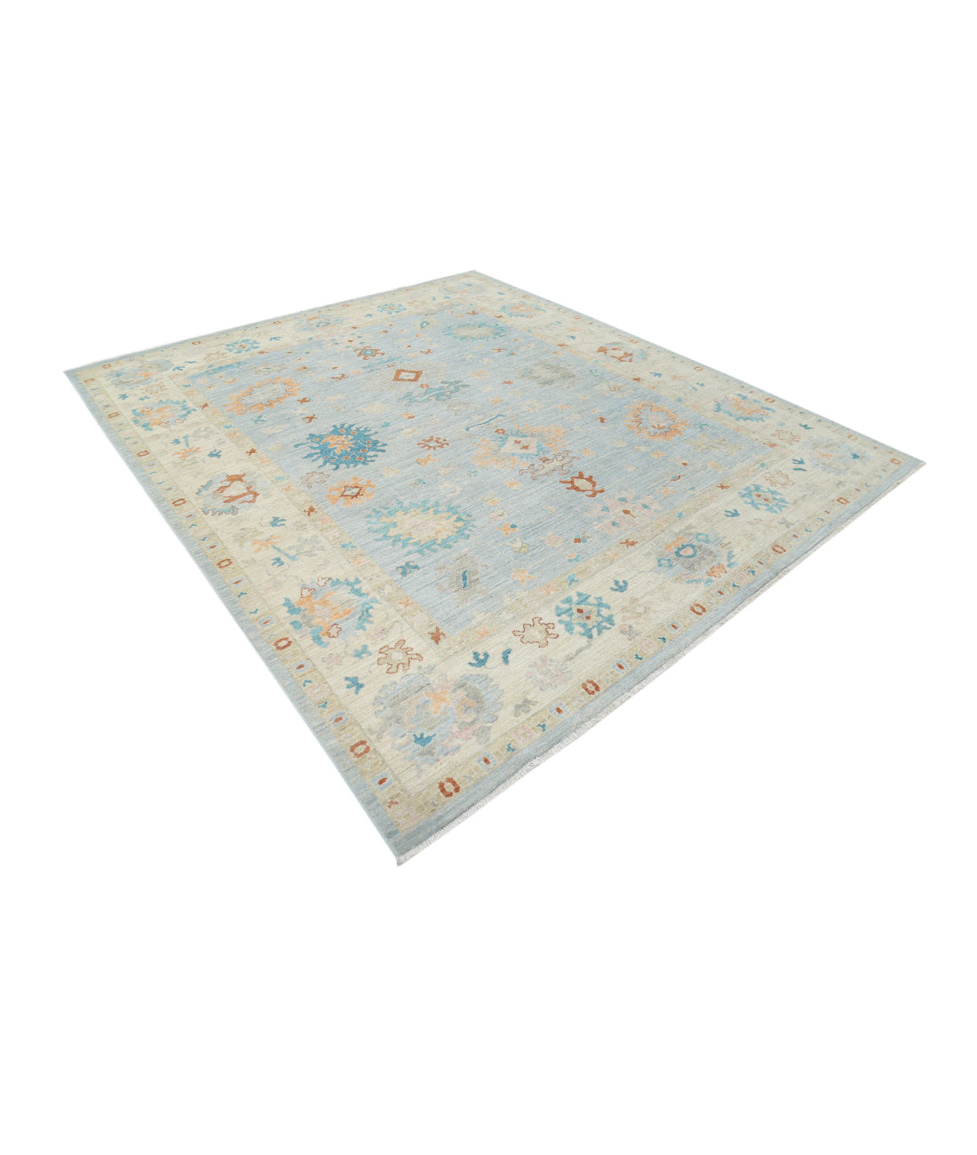 Hand Knotted Oushak Wool Rug - 8'4'' x 9'8'' 8'4'' x 9'8'' (250 X 290) / Blue / Ivory