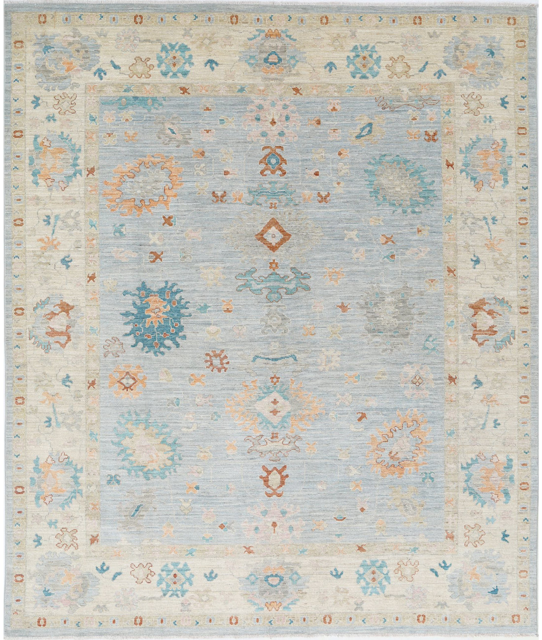 Hand Knotted Oushak Wool Rug - 8'4'' x 9'8'' 8'4'' x 9'8'' (250 X 290) / Blue / Ivory
