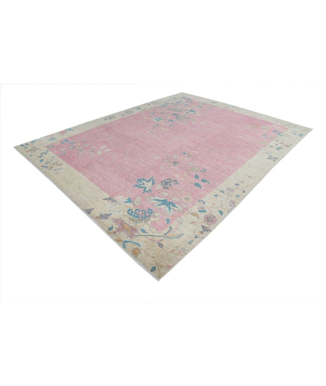 Hand Knotted Chinese Wool Rug - 9'2'' x 11'10'' 9'2'' x 11'10'' (275 X 355) / Ivory / Pink
