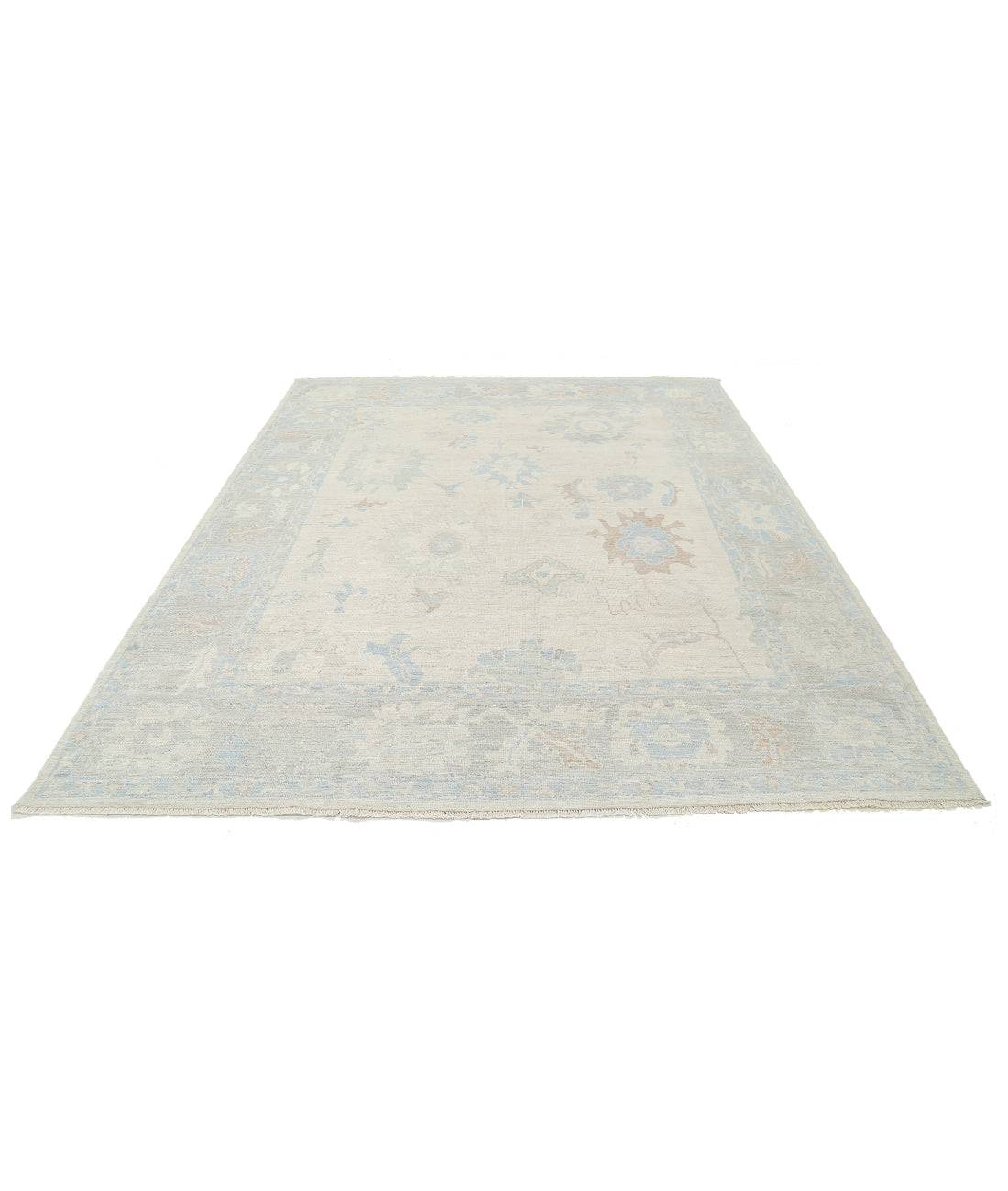 Hand Knotted Oushak Wool Rug - 8'2'' x 9'11'' 8'2'' x 9'11'' (245 X 298) / Ivory / Grey