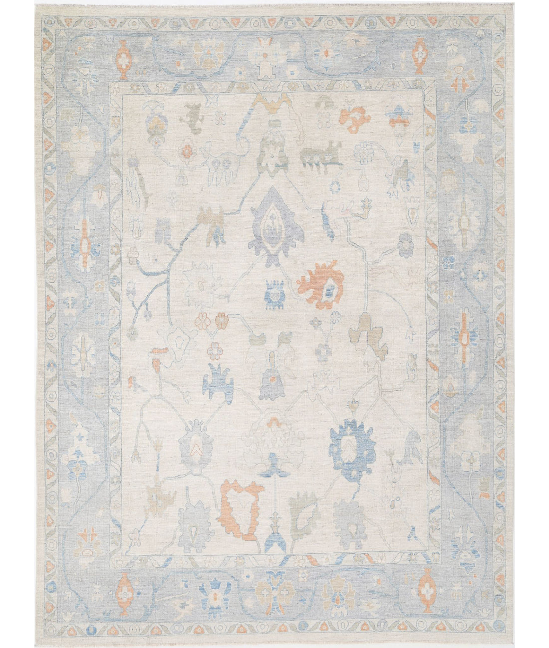 Hand Knotted Oushak Wool Rug - 10&#39;0&#39;&#39; x 13&#39;5&#39;&#39; 10&#39;0&#39;&#39; x 13&#39;5&#39;&#39; (300 X 403) / Ivory / Blue