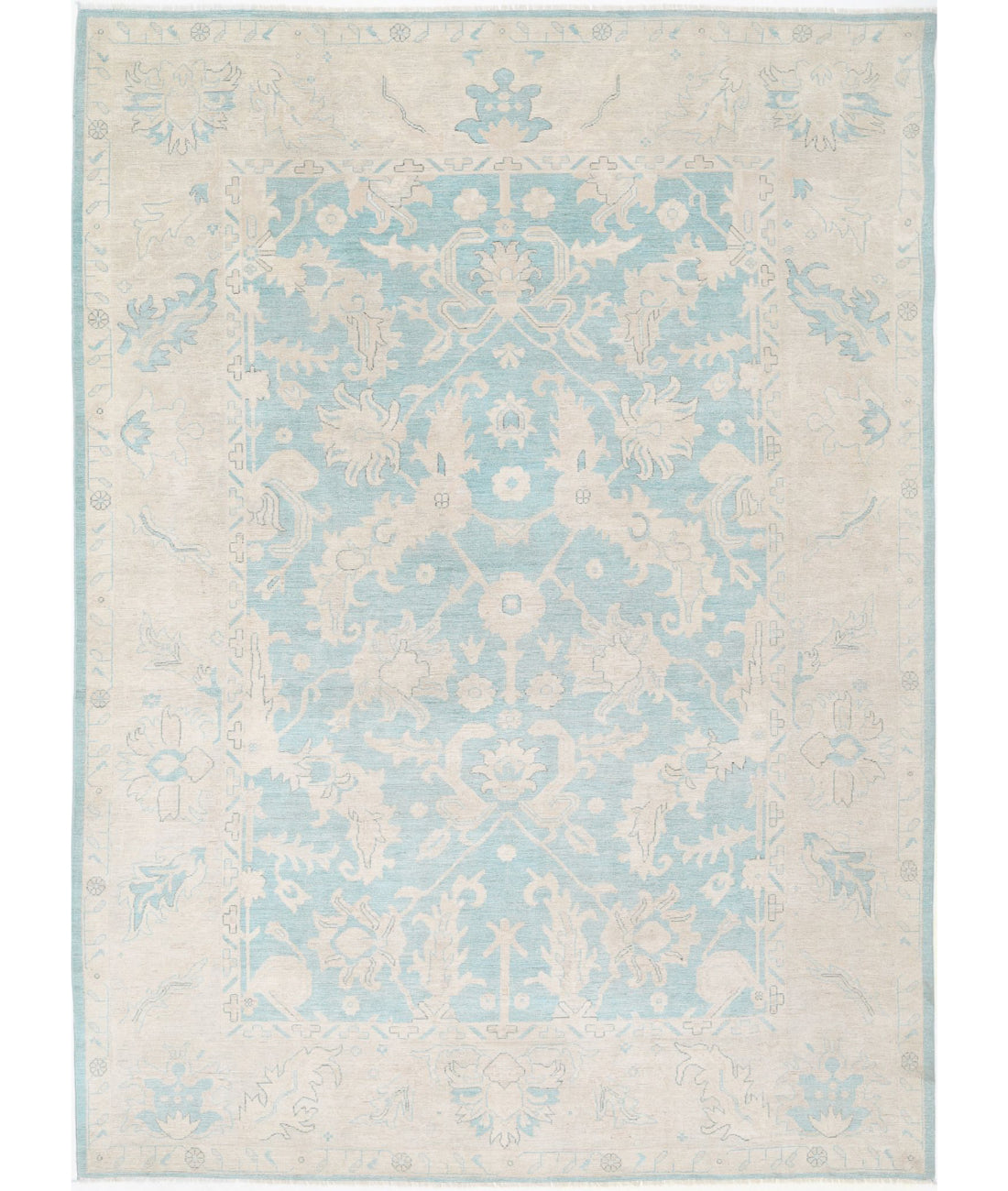 Hand Knotted Oushak Wool Rug - 9'11'' x 13'5'' 9'11'' x 13'5'' (298 X 403) / Green / Taupe