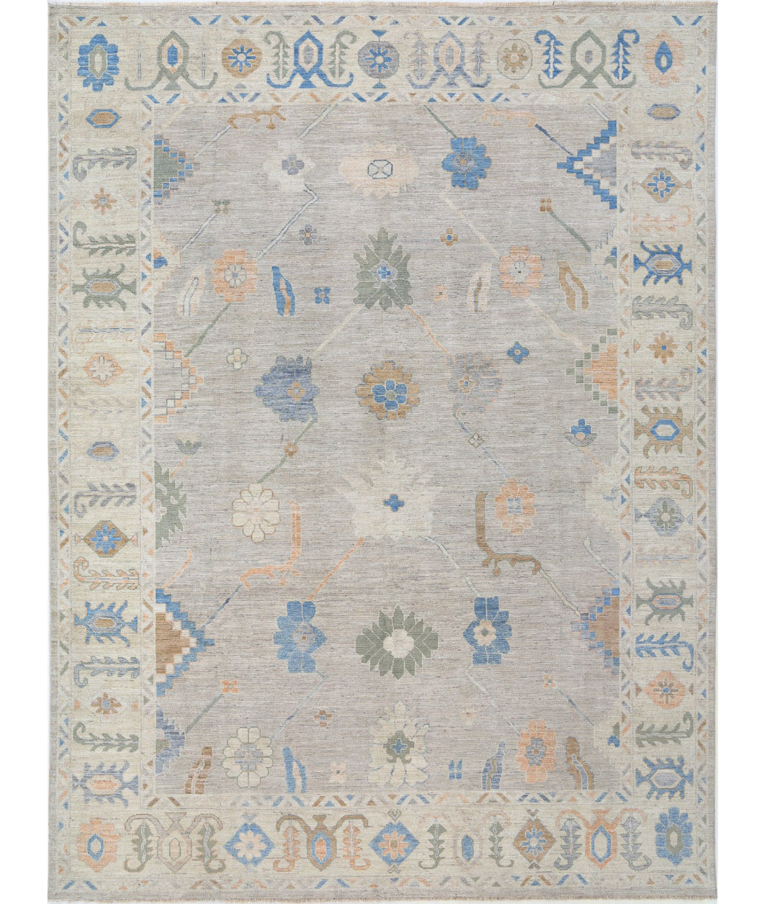 Hand Knotted Oushak Wool Rug - 9'2'' x 11'11'' 9'2'' x 11'11'' (275 X 358) / Grey / Ivory