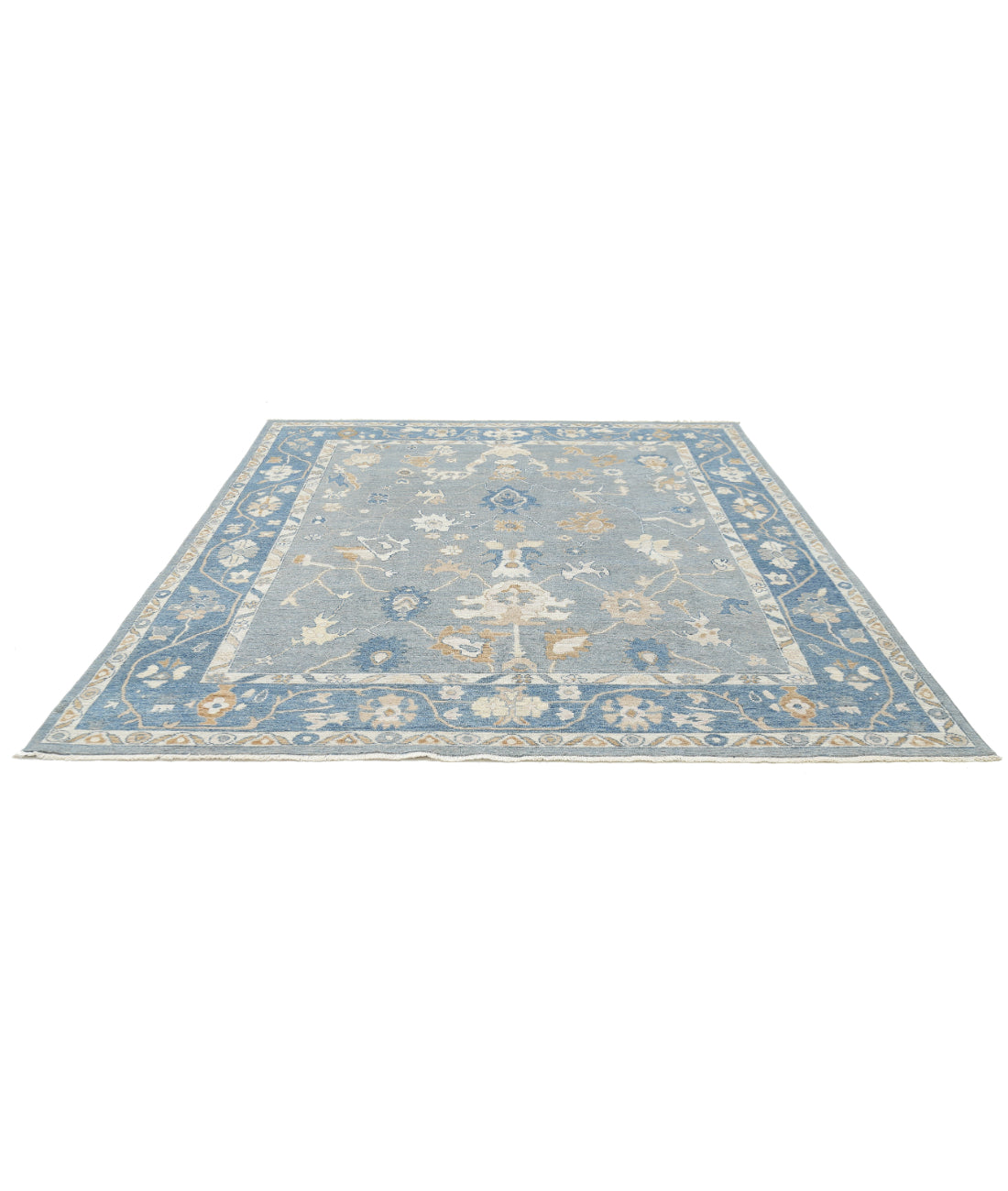 Hand Knotted Oushak Wool Rug - 8'0'' x 9'10'' 8'0'' x 9'10'' (240 X 295) / Grey / Blue